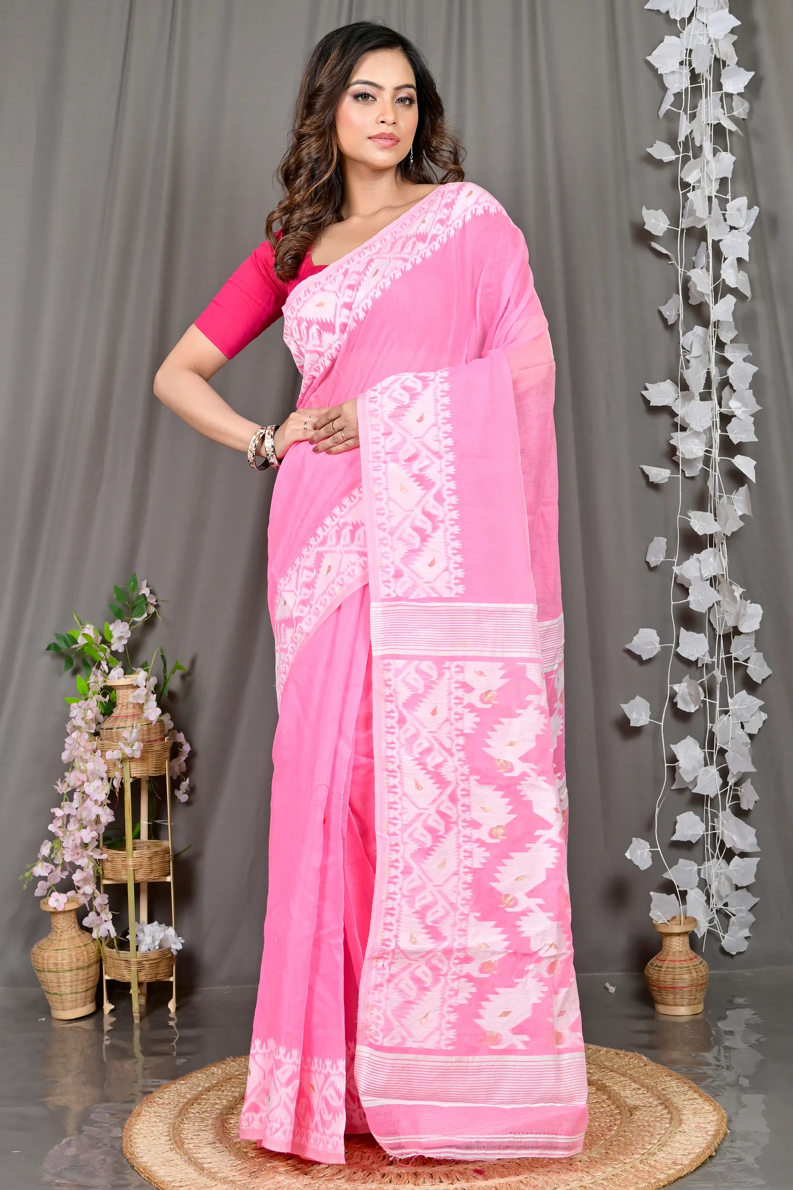 DipDiya Cotton Blended Pink White Parv Heritage You Can Wear Jamdani Sarees