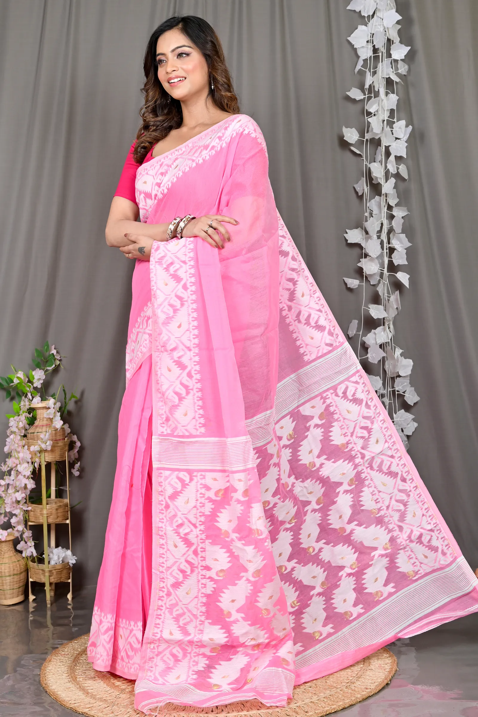 DipDiya Cotton Blended Pink White Parv Heritage You Can Wear Jamdani Sarees