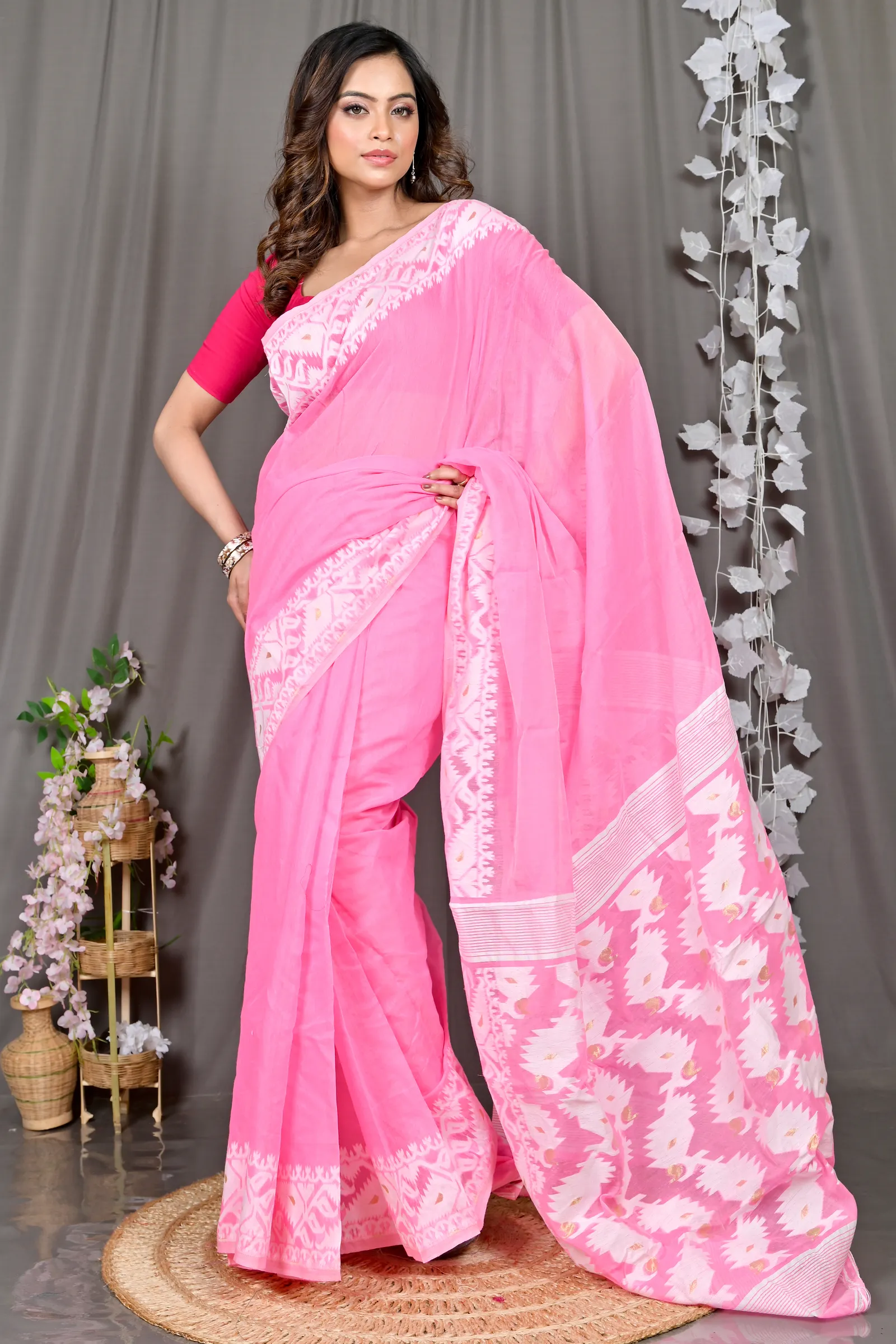DipDiya Cotton Blended Pink White Parv Heritage You Can Wear Jamdani Sarees