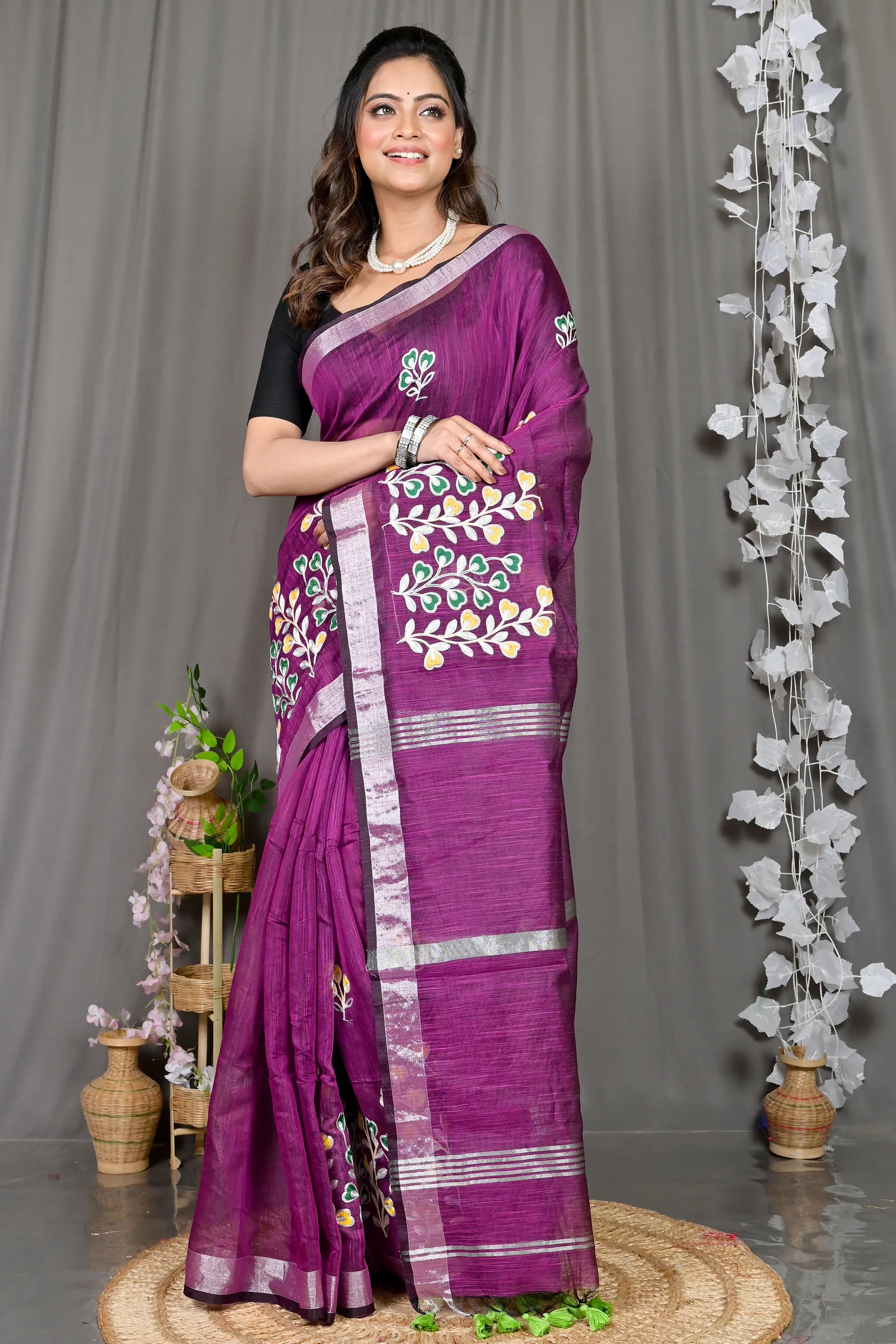 DipDiya Cotton Blended Purple Paroni Woven with Tradition Embroidery Handloom sarees