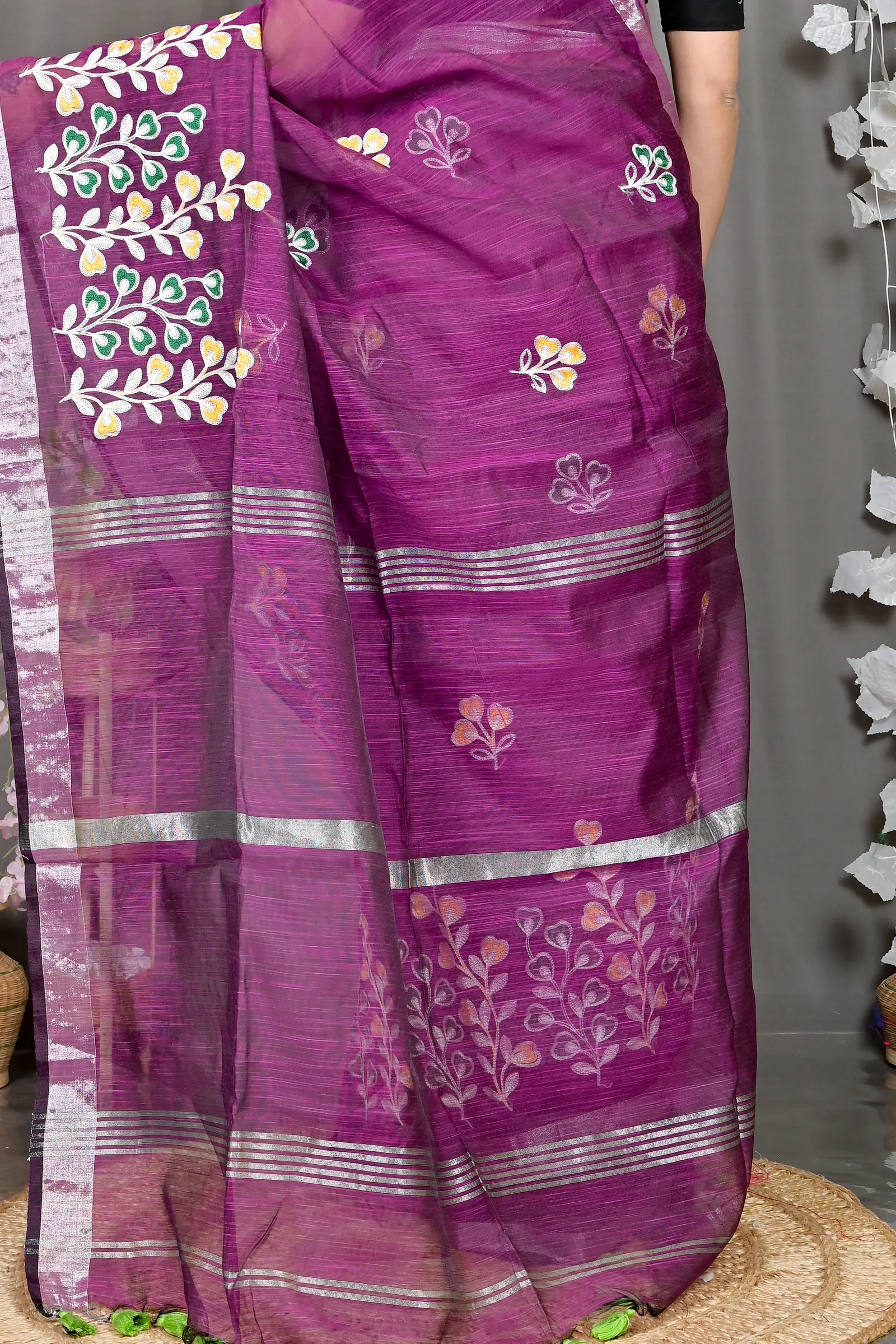 DipDiya Cotton Blended Purple Paroni Woven with Tradition Embroidery Handloom sarees