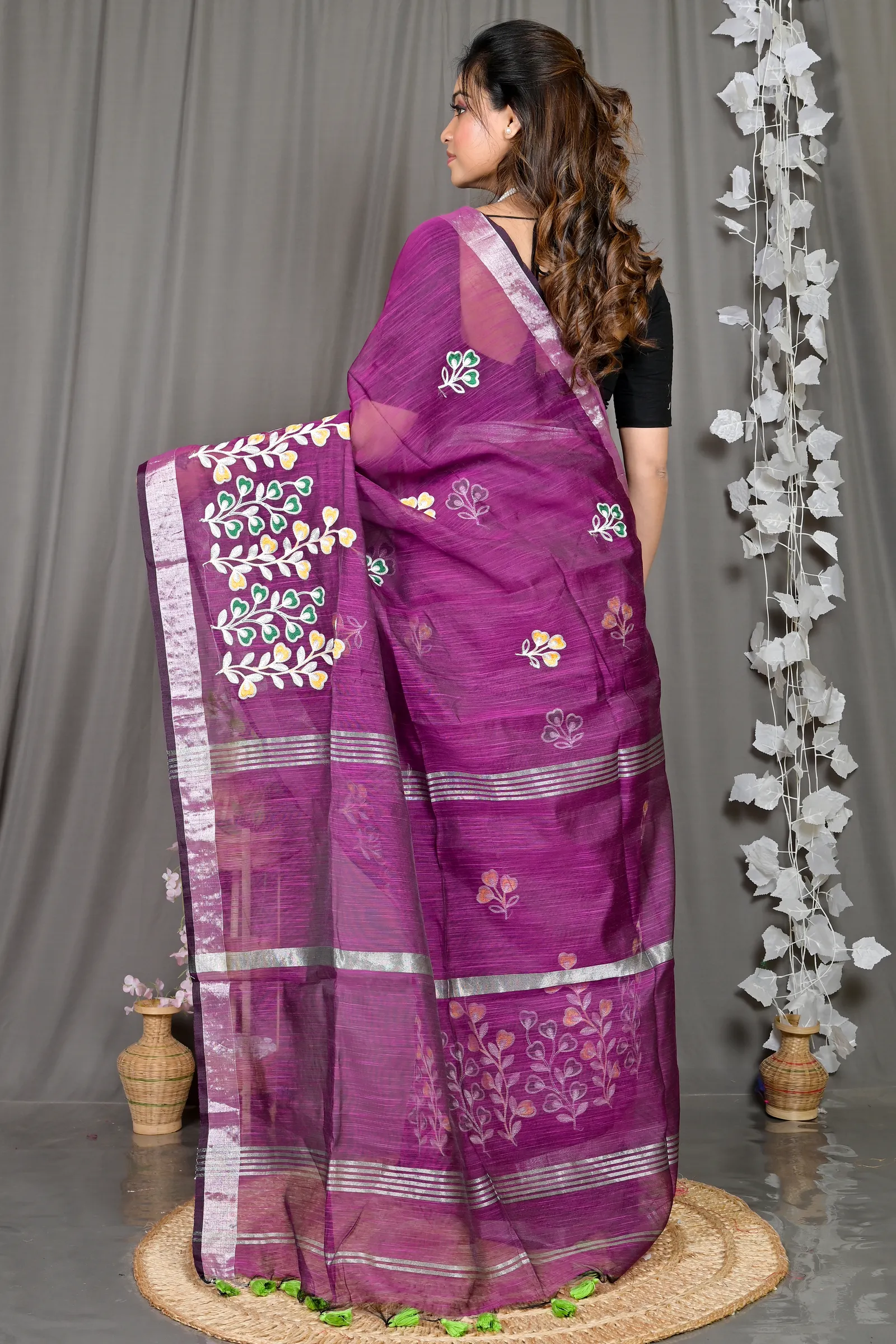 DipDiya Cotton Blended Purple Paroni Woven with Tradition Embroidery Handloom sarees