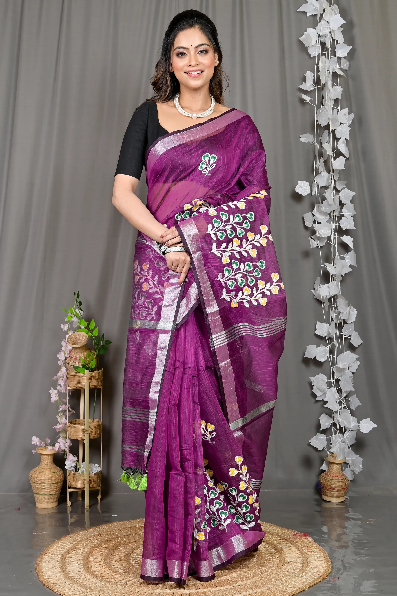 DipDiya Cotton Blended Purple Paroni Woven with Tradition Embroidery Handloom sarees