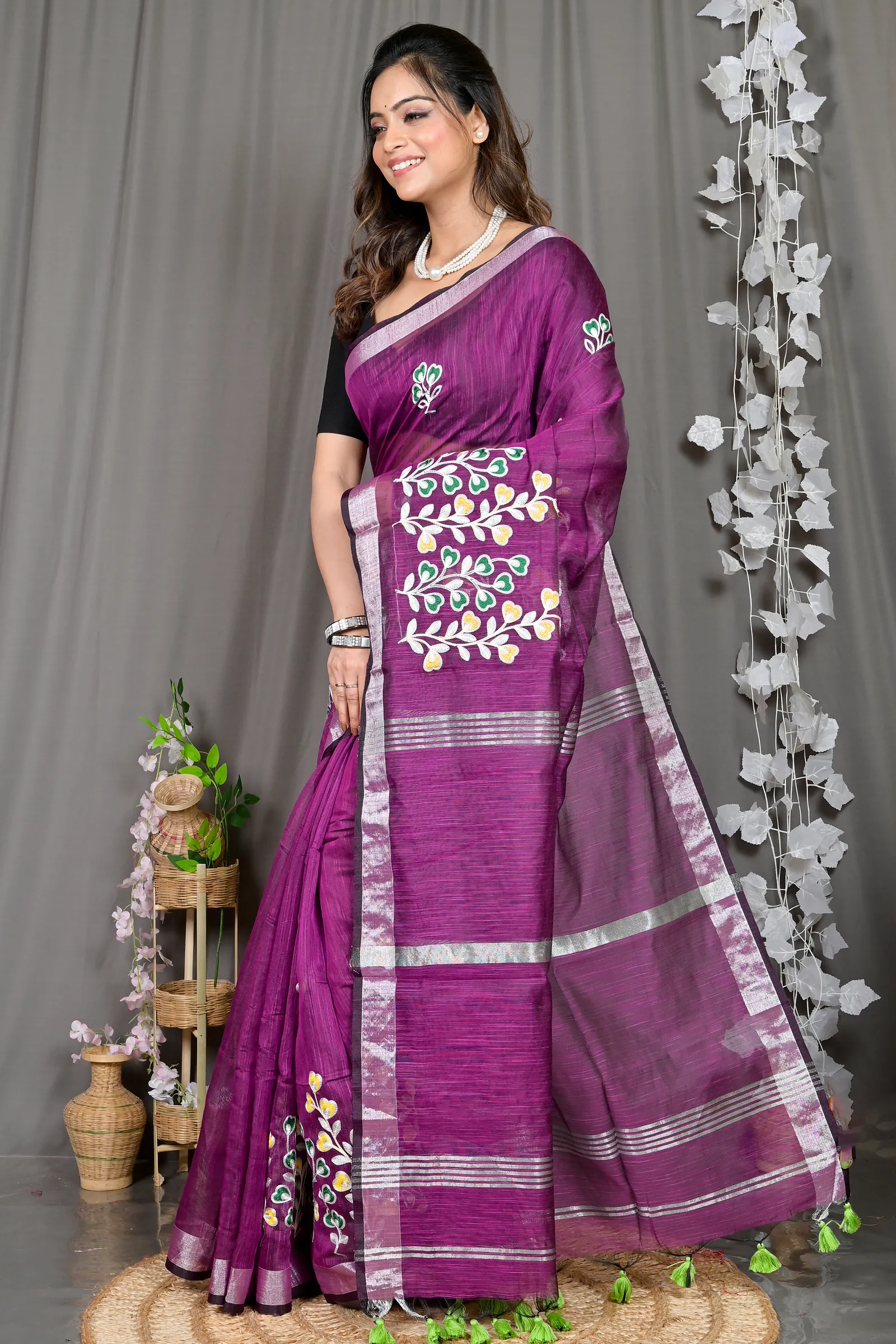 DipDiya Cotton Blended Purple Paroni Woven with Tradition Embroidery Handloom sarees