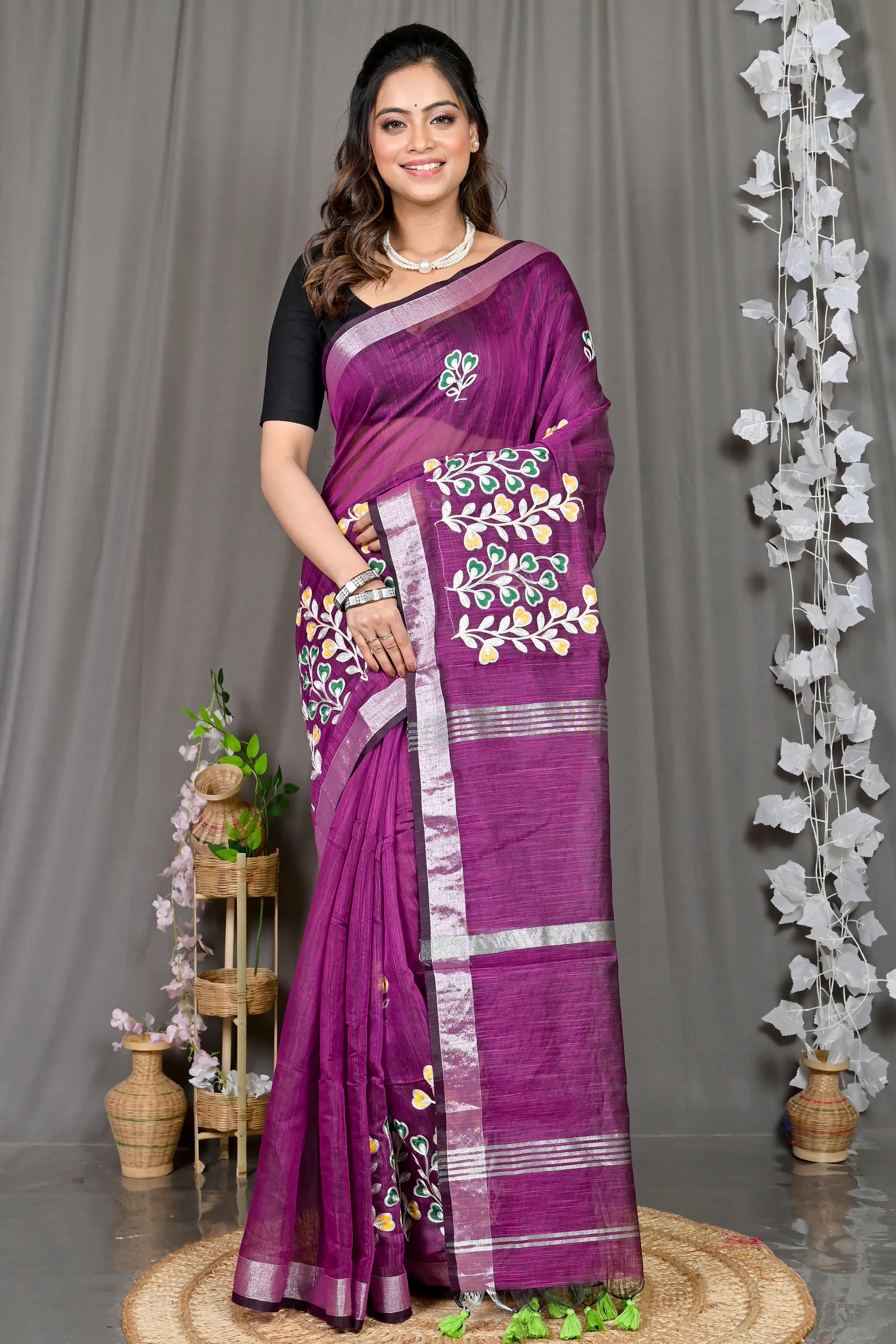 DipDiya Cotton Blended Purple Paroni Woven with Tradition Embroidery Handloom sarees