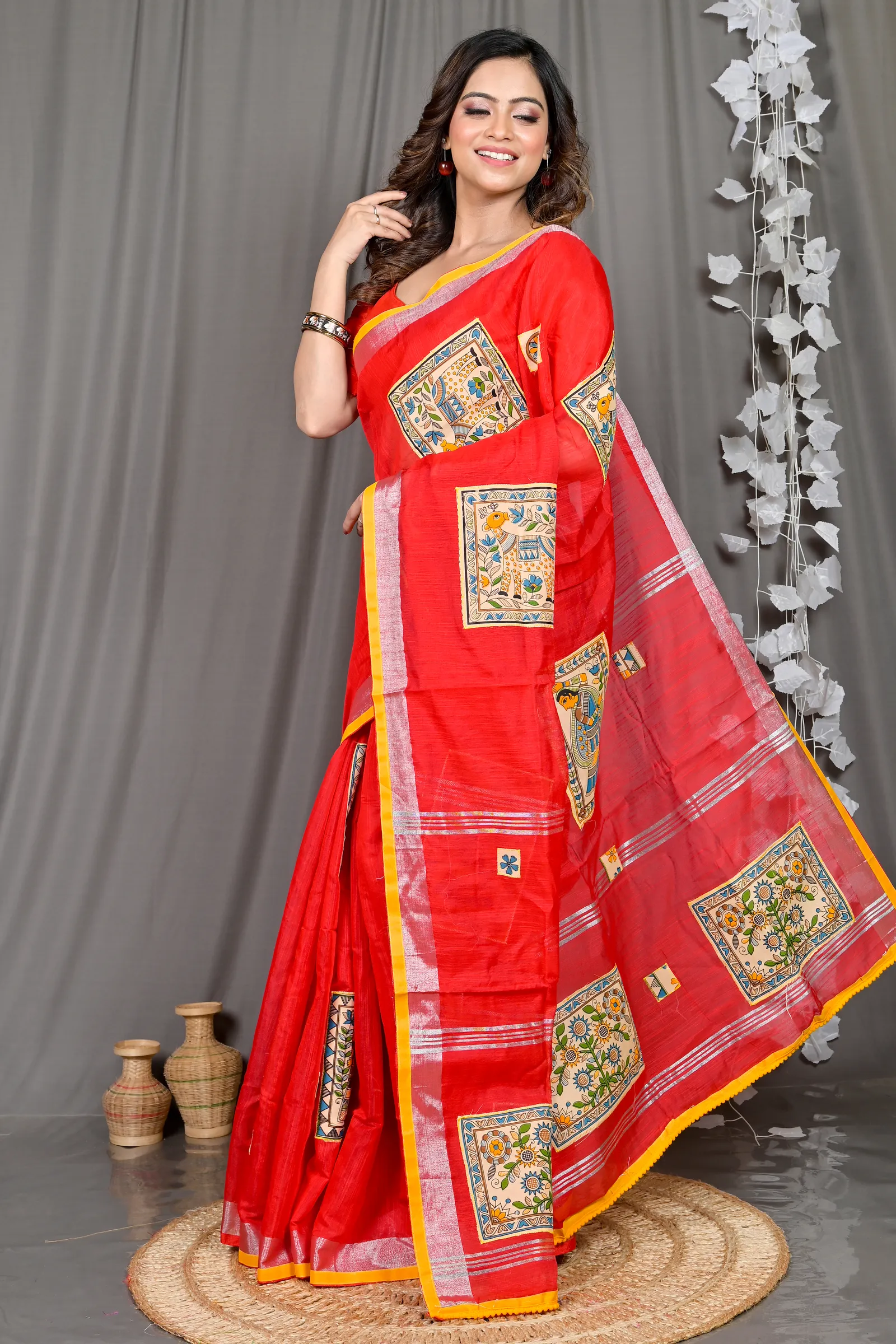 DipDiya Cotton Blended Red Parija Heritage You Can Wear Applique Sarees