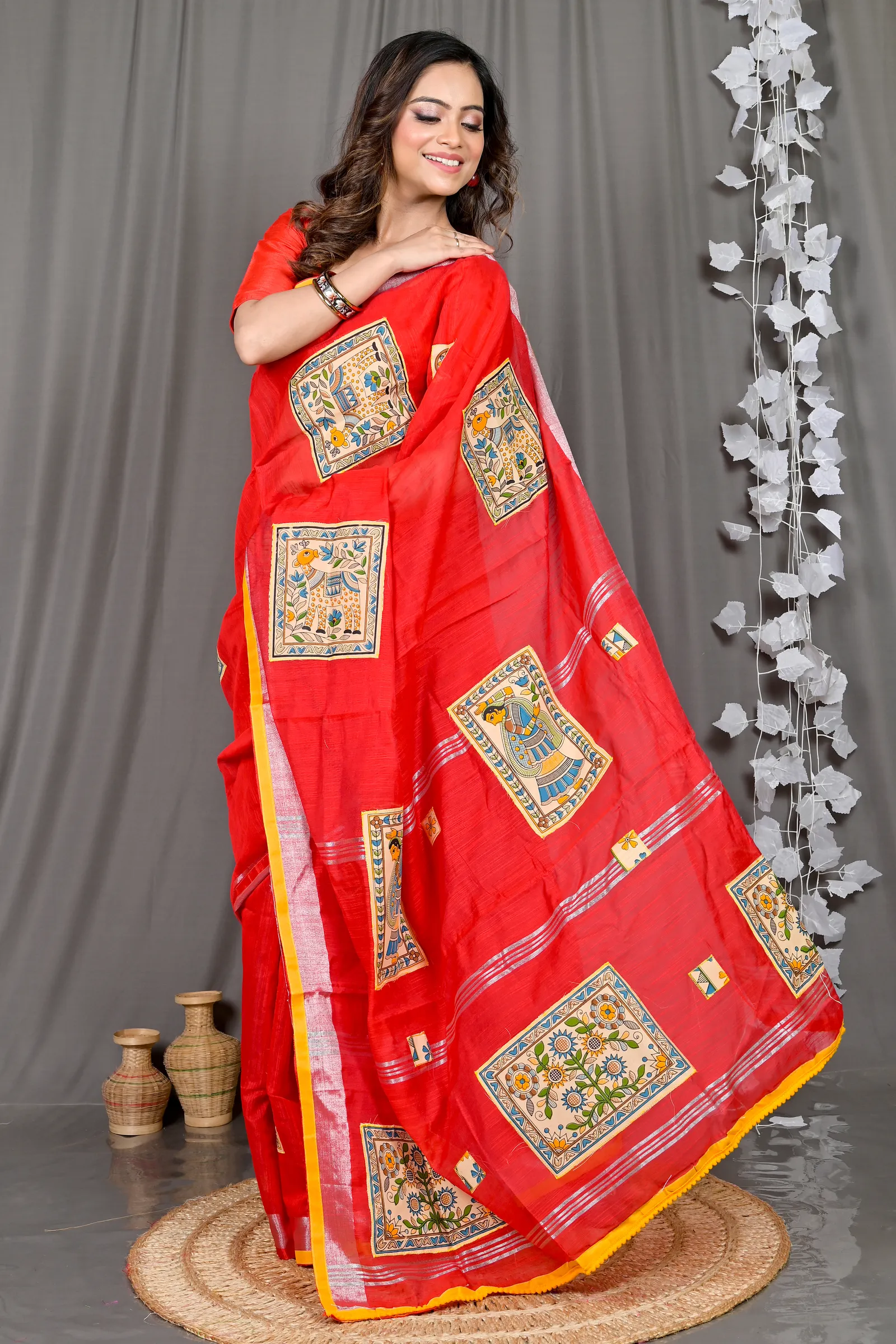 DipDiya Cotton Blended Red Parija Heritage You Can Wear Applique Sarees