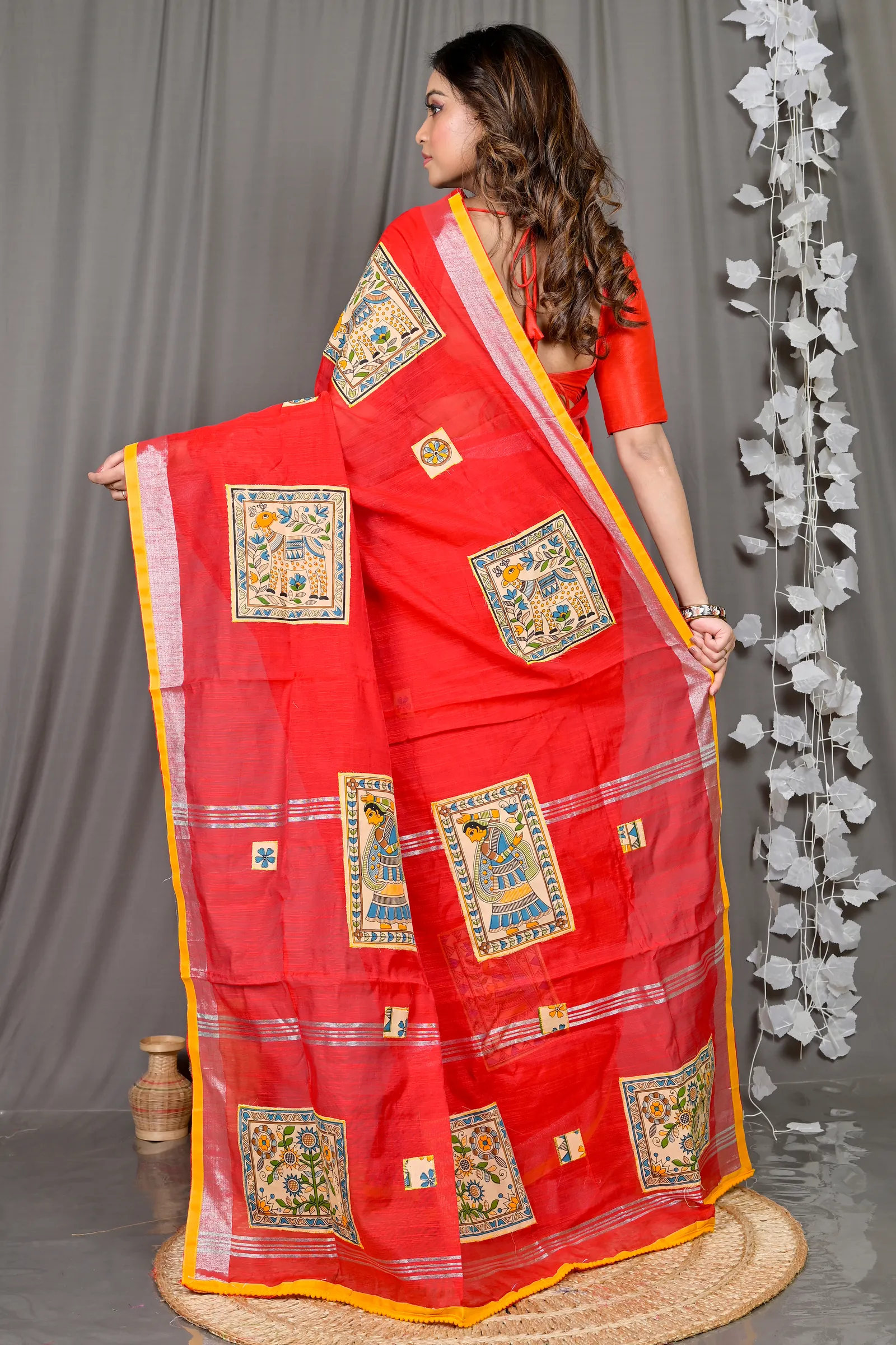 DipDiya Cotton Blended Red Parija Heritage You Can Wear Applique Sarees