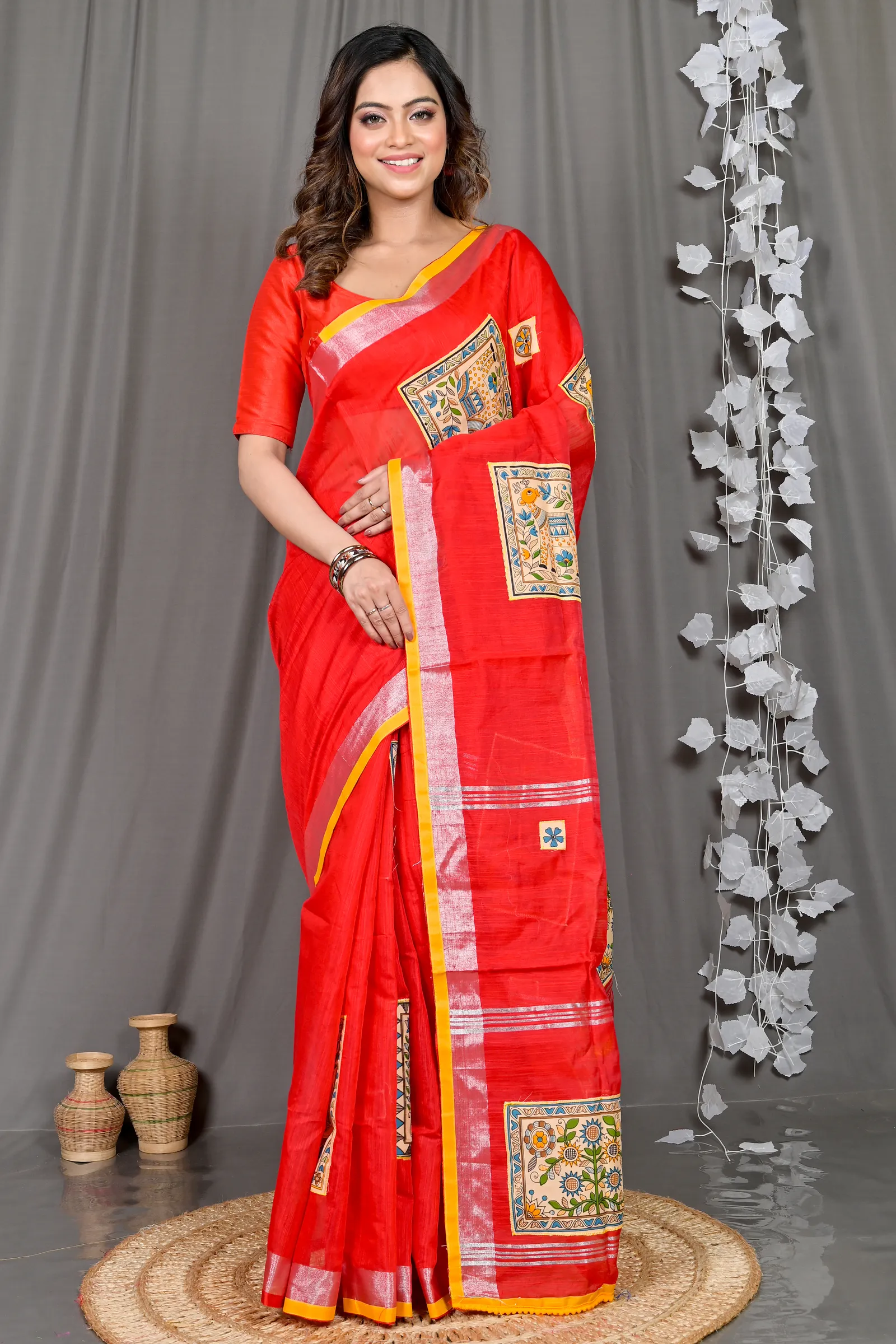 DipDiya Cotton Blended Red Parija Heritage You Can Wear Applique Sarees