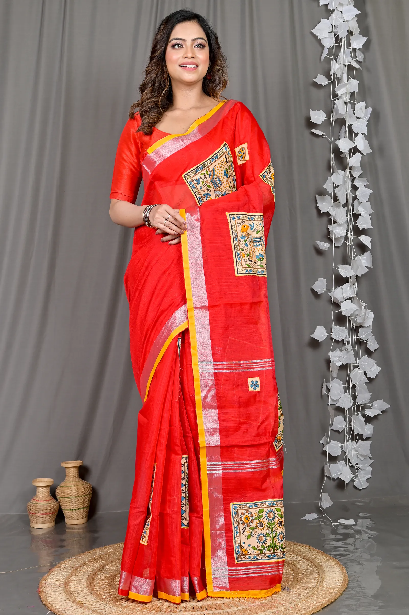 DipDiya Cotton Blended Red Parija Heritage You Can Wear Applique Sarees