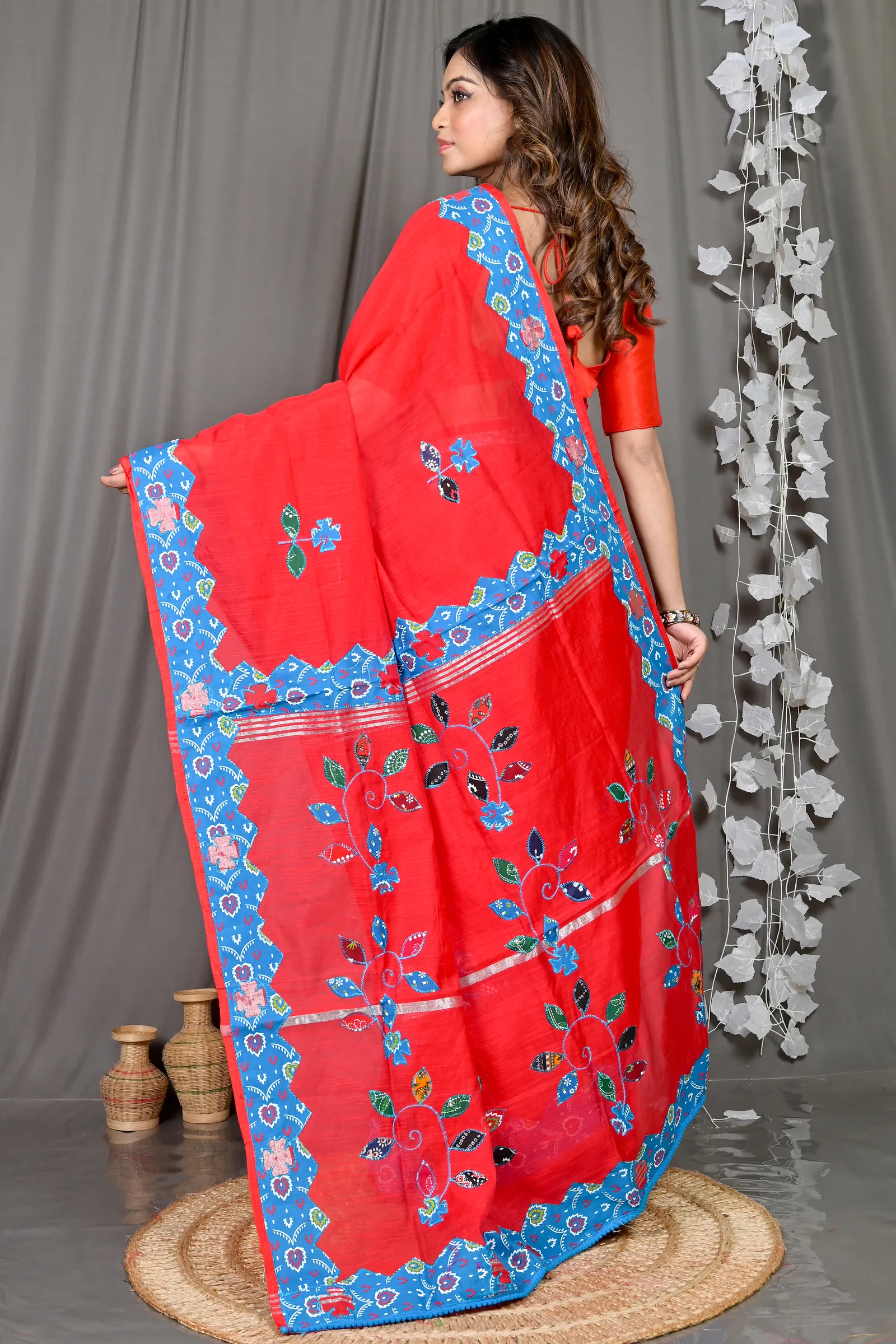 DipDiya Cotton Blended Red Parik Stories of Bengal Applique Sarees