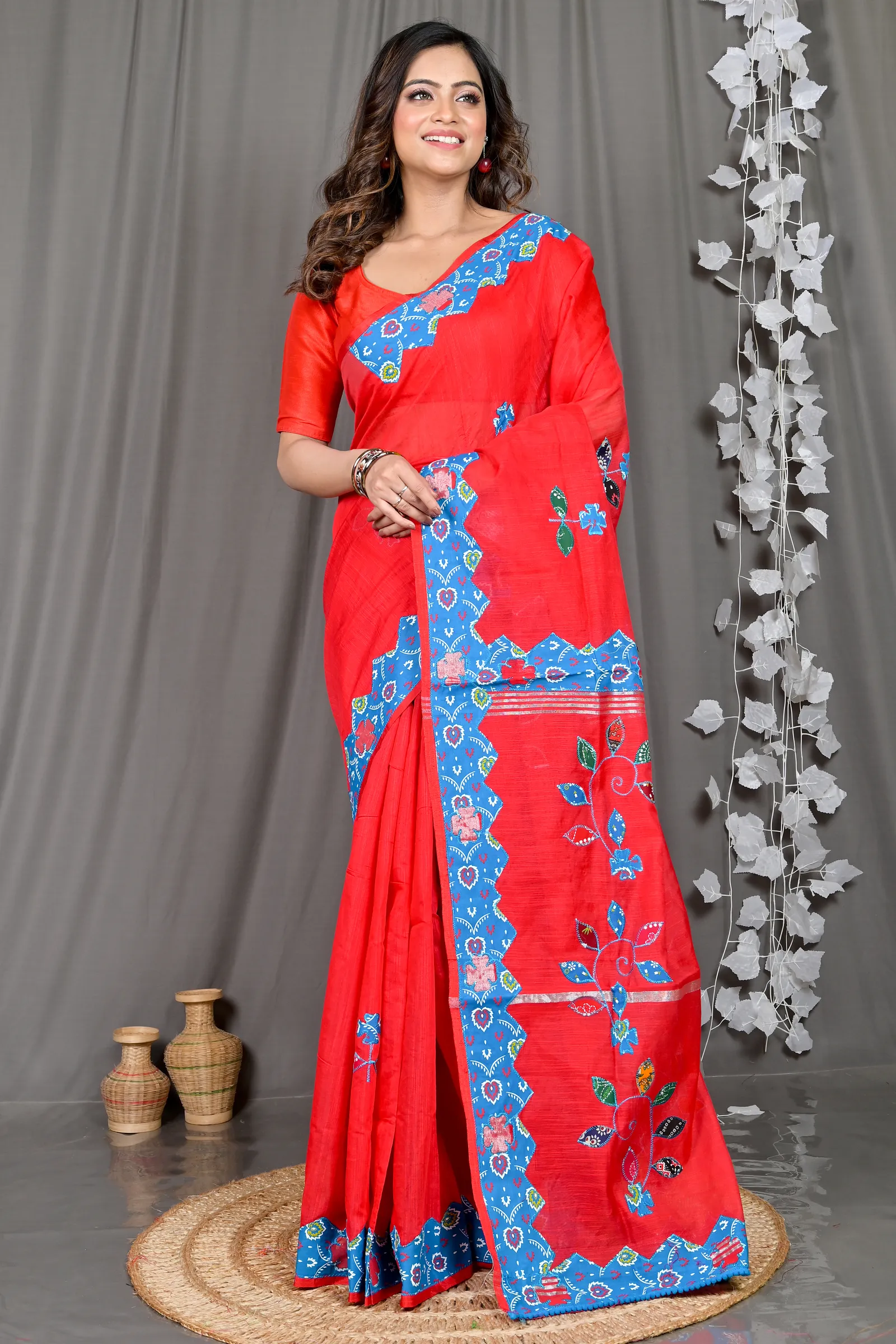 DipDiya Cotton Blended Red Parik Stories of Bengal Applique Sarees