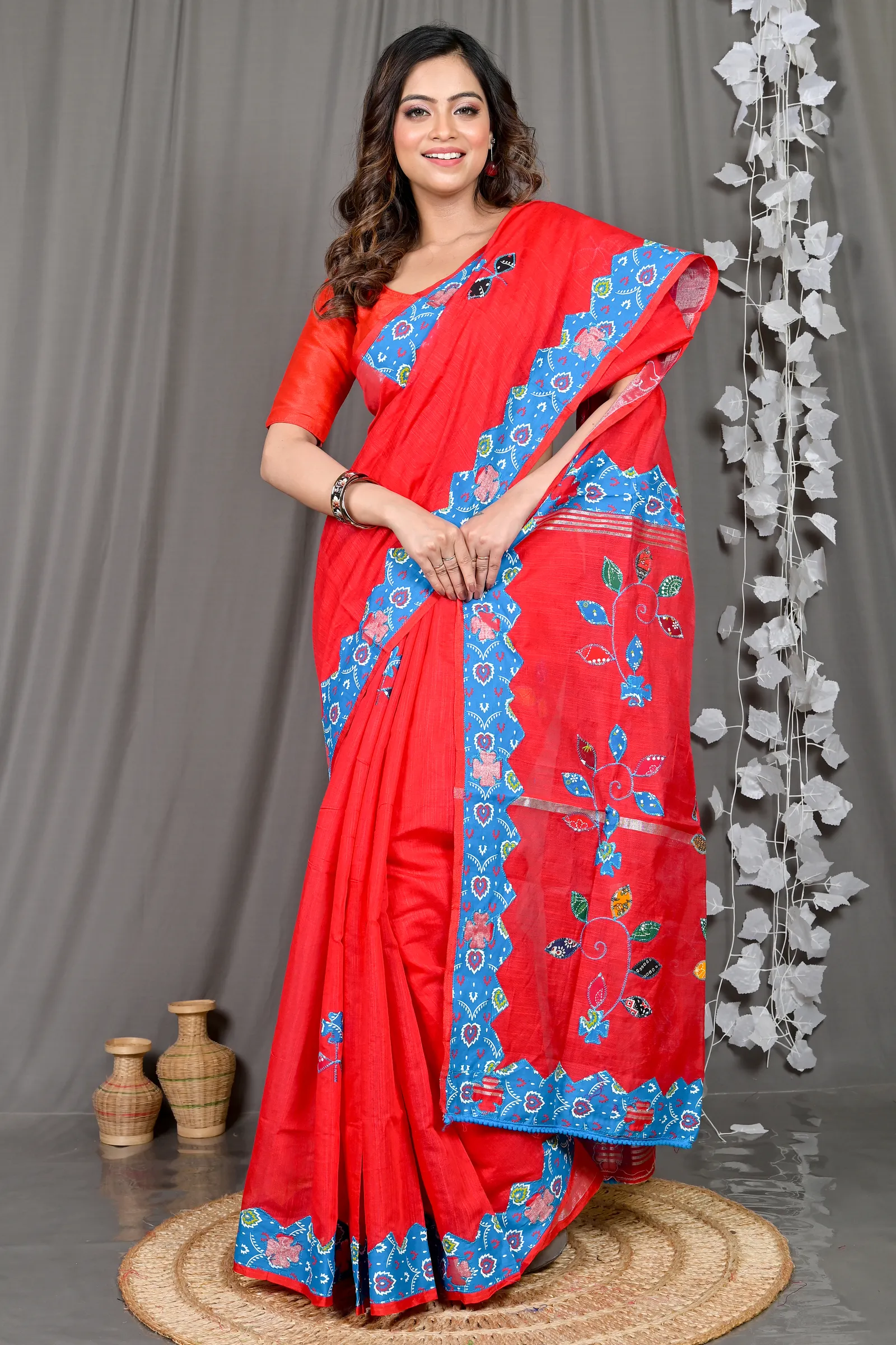 DipDiya Cotton Blended Red Parik Stories of Bengal Applique Sarees