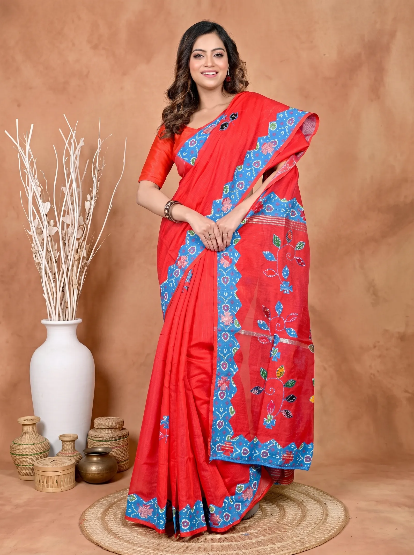DipDiya Cotton Blended Red Parik Stories of Bengal Applique Sarees