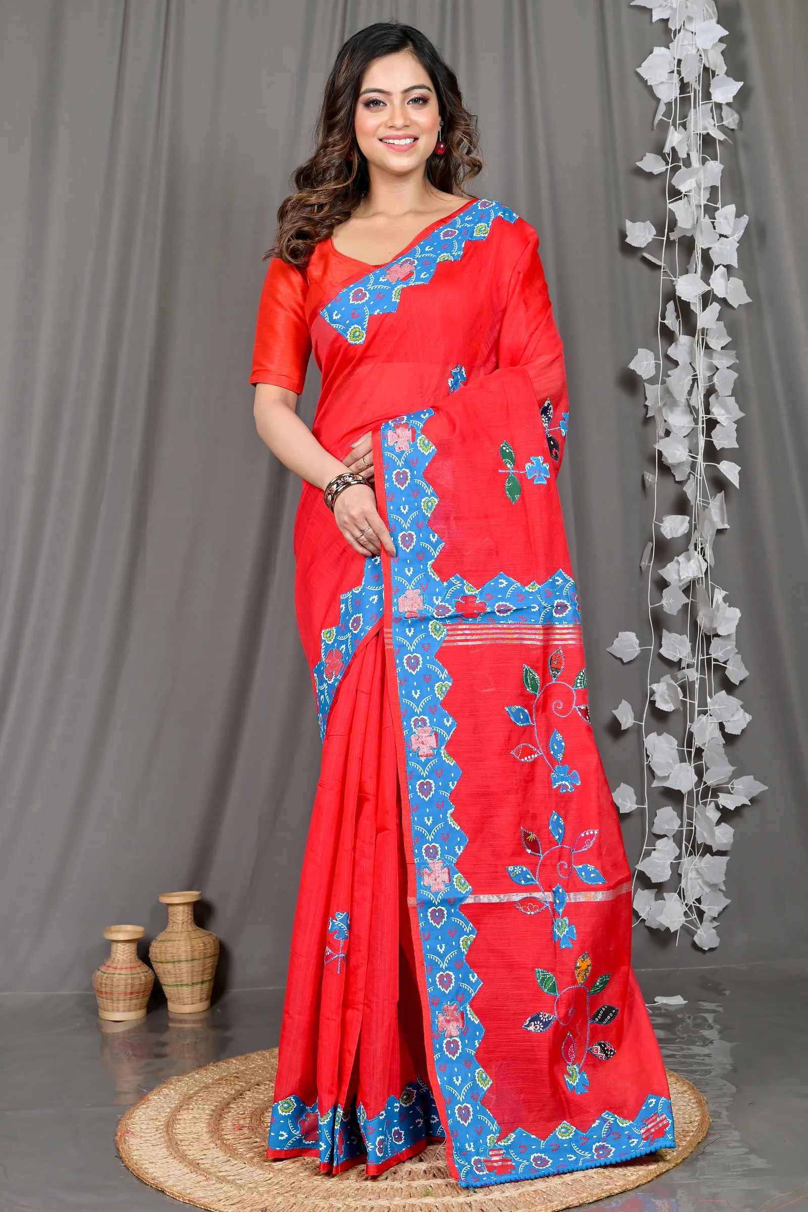 DipDiya Cotton Blended Red Parik Stories of Bengal Applique Sarees