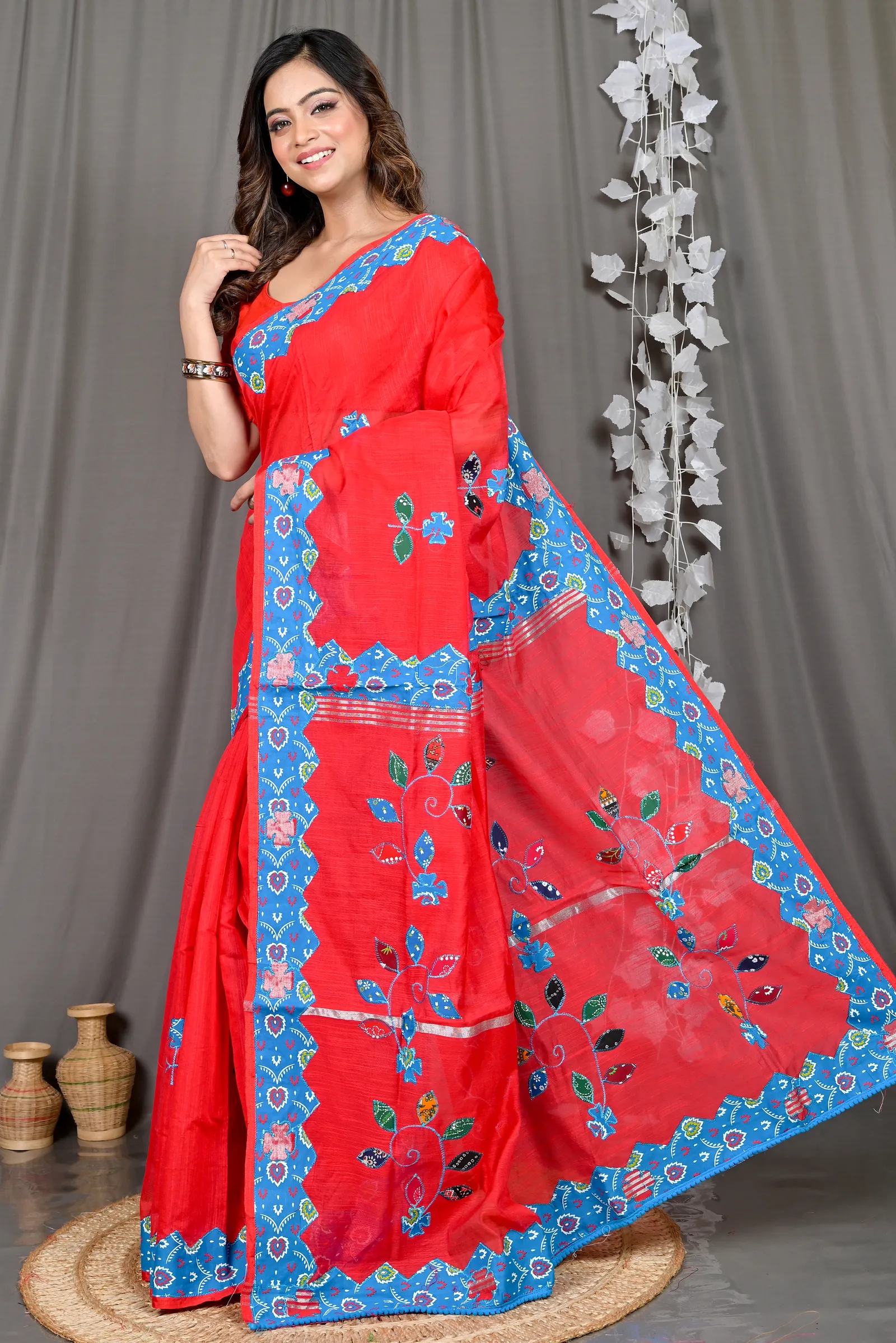 DipDiya Cotton Blended Red Parik Stories of Bengal Applique Sarees