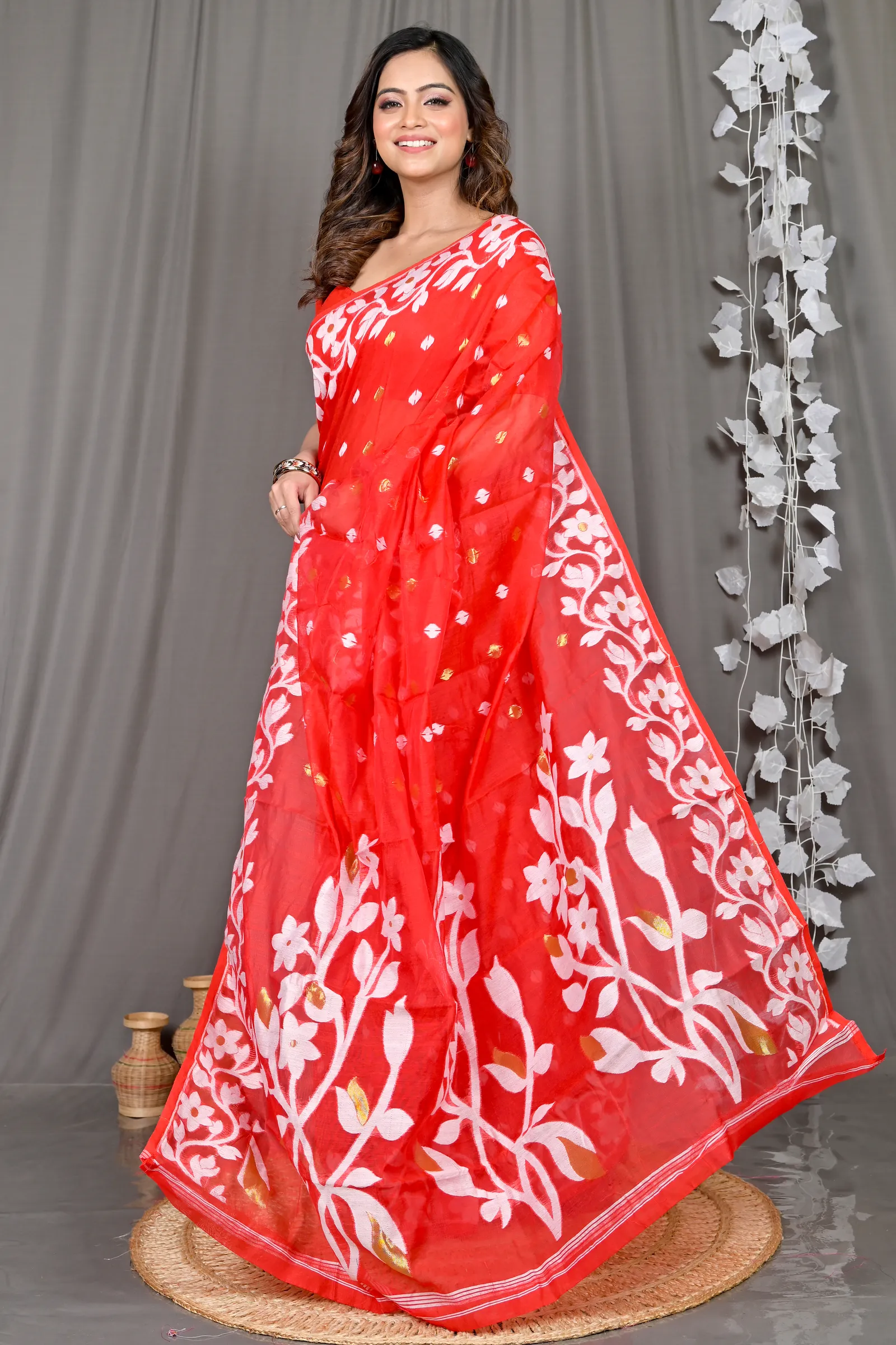 DipDiya Cotton Blended Red Parinit Woven with Love Jamdani Sarees