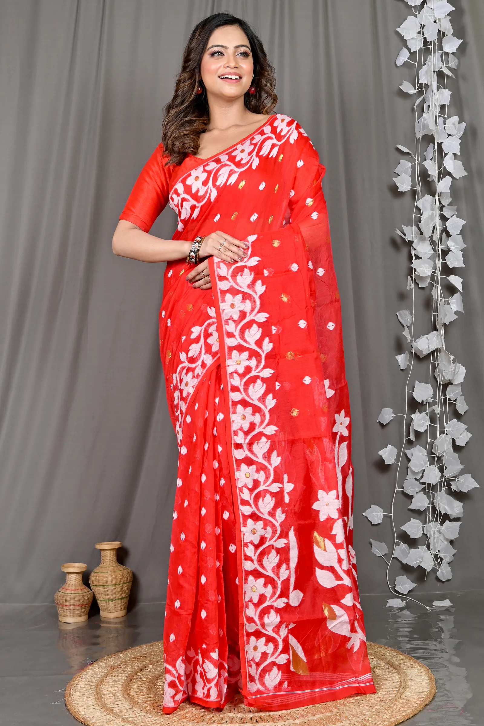 DipDiya Cotton Blended Red Parinit Woven with Love Jamdani Sarees
