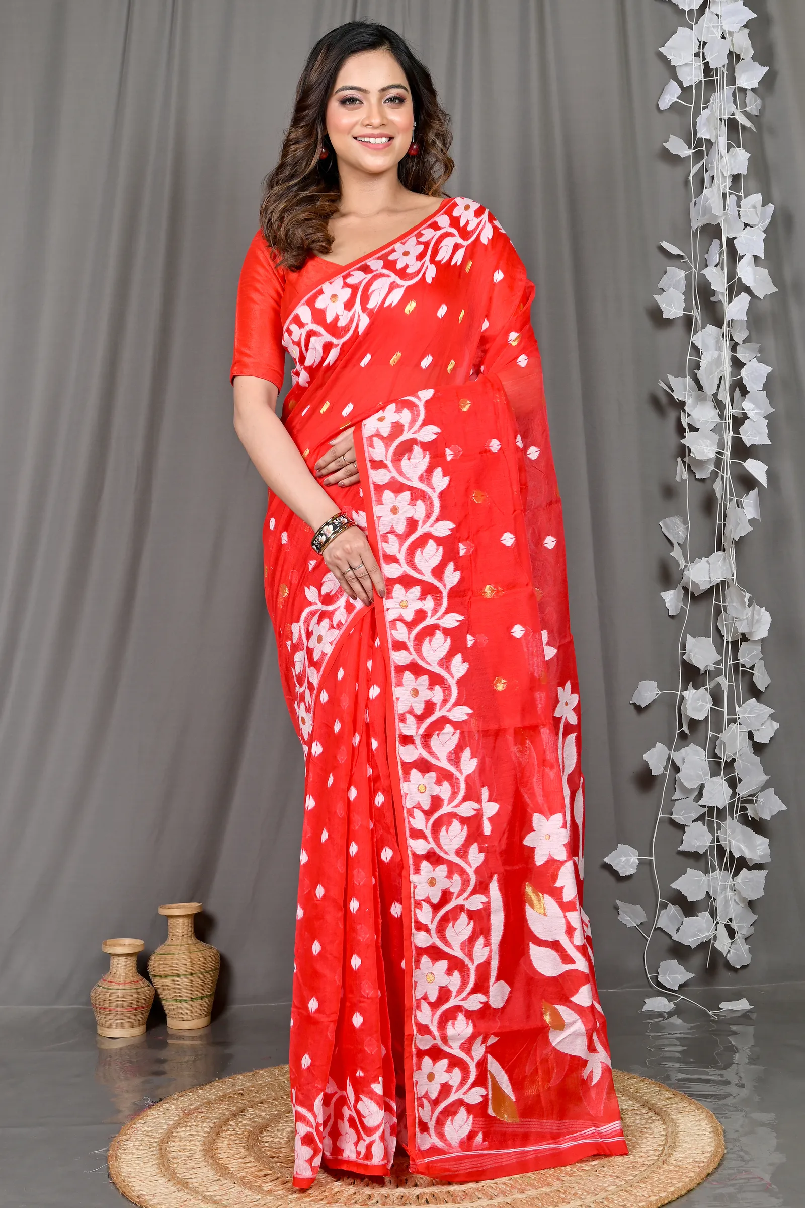 DipDiya Cotton Blended Red Parinit Woven with Love Jamdani Sarees