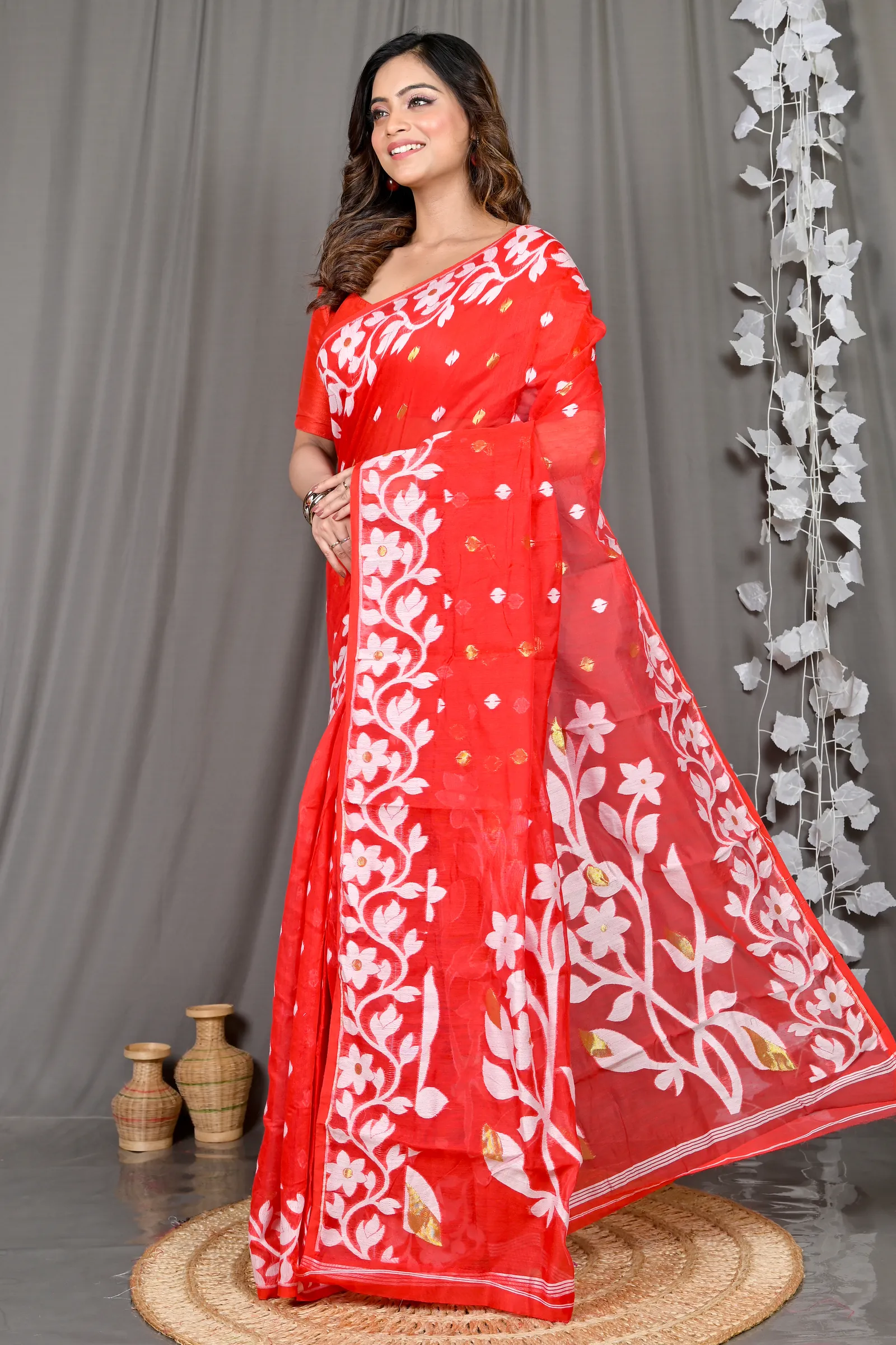 DipDiya Cotton Blended Red Parinit Woven with Love Jamdani Sarees
