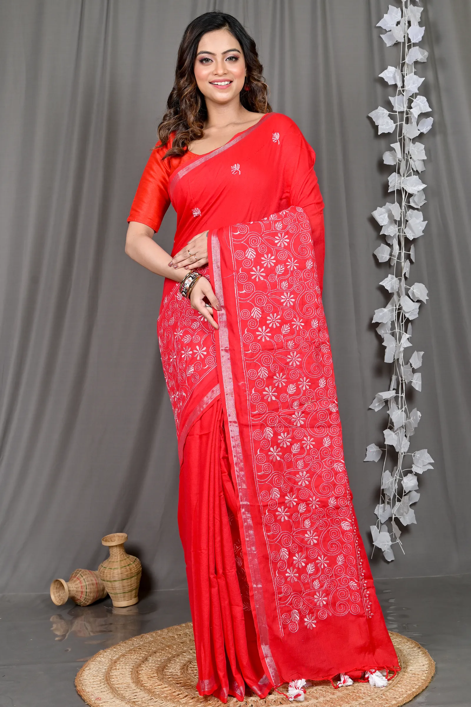 DipDiya Cotton Blended Red Paru Crafted by Artisans Handloom Sarees