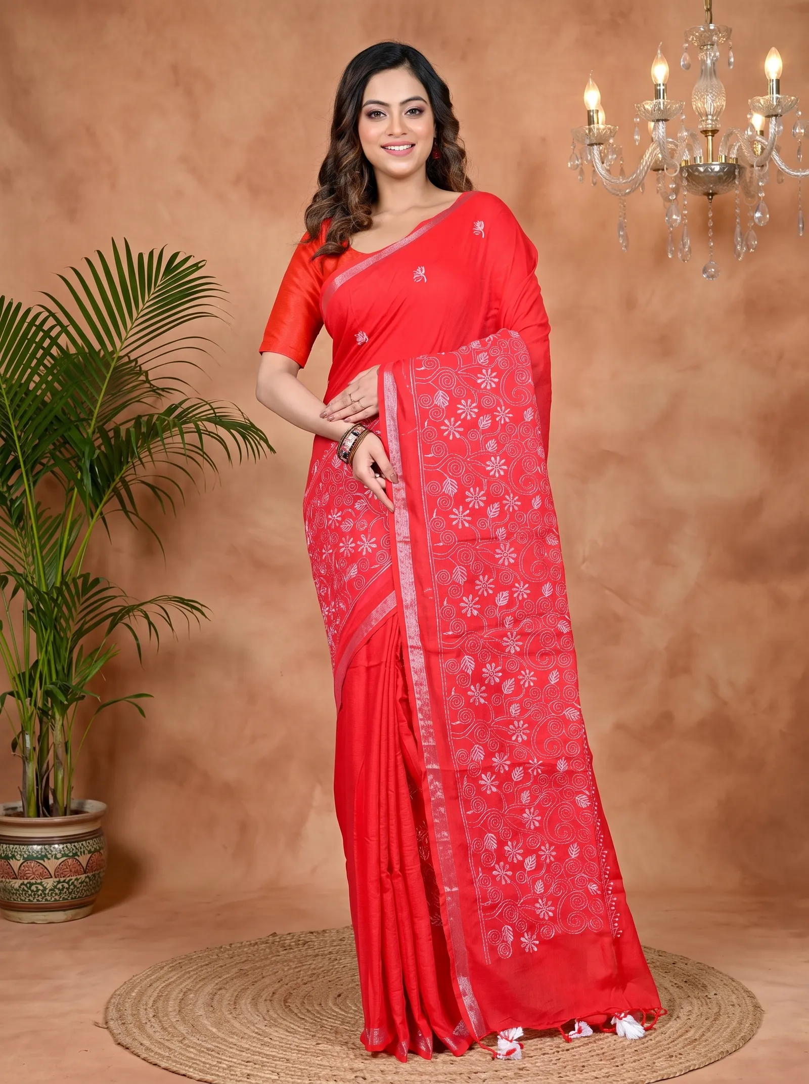 DipDiya Cotton Blended Red Paru Crafted by Artisans Handloom Sarees