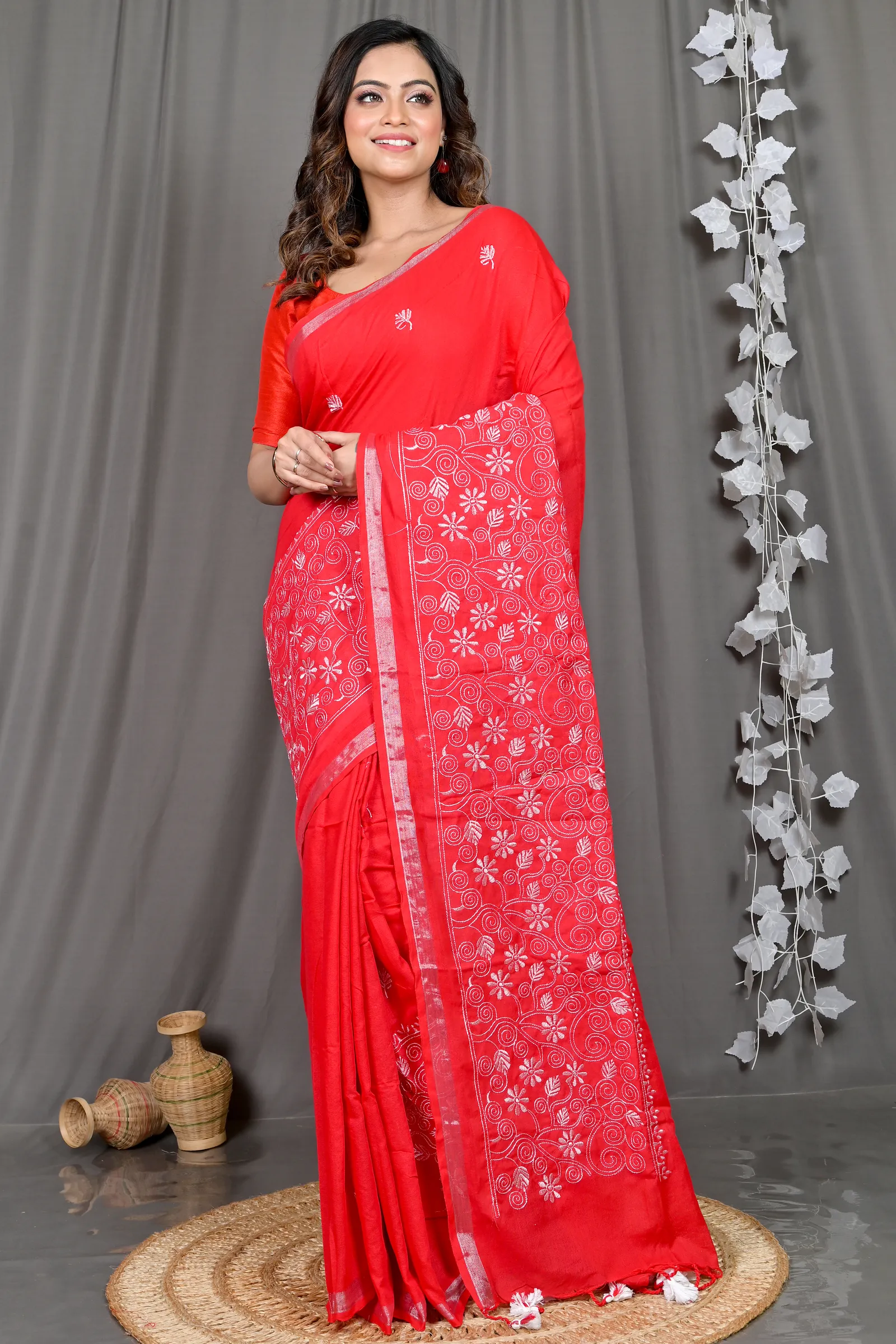 DipDiya Cotton Blended Red Paru Crafted by Artisans Handloom Sarees