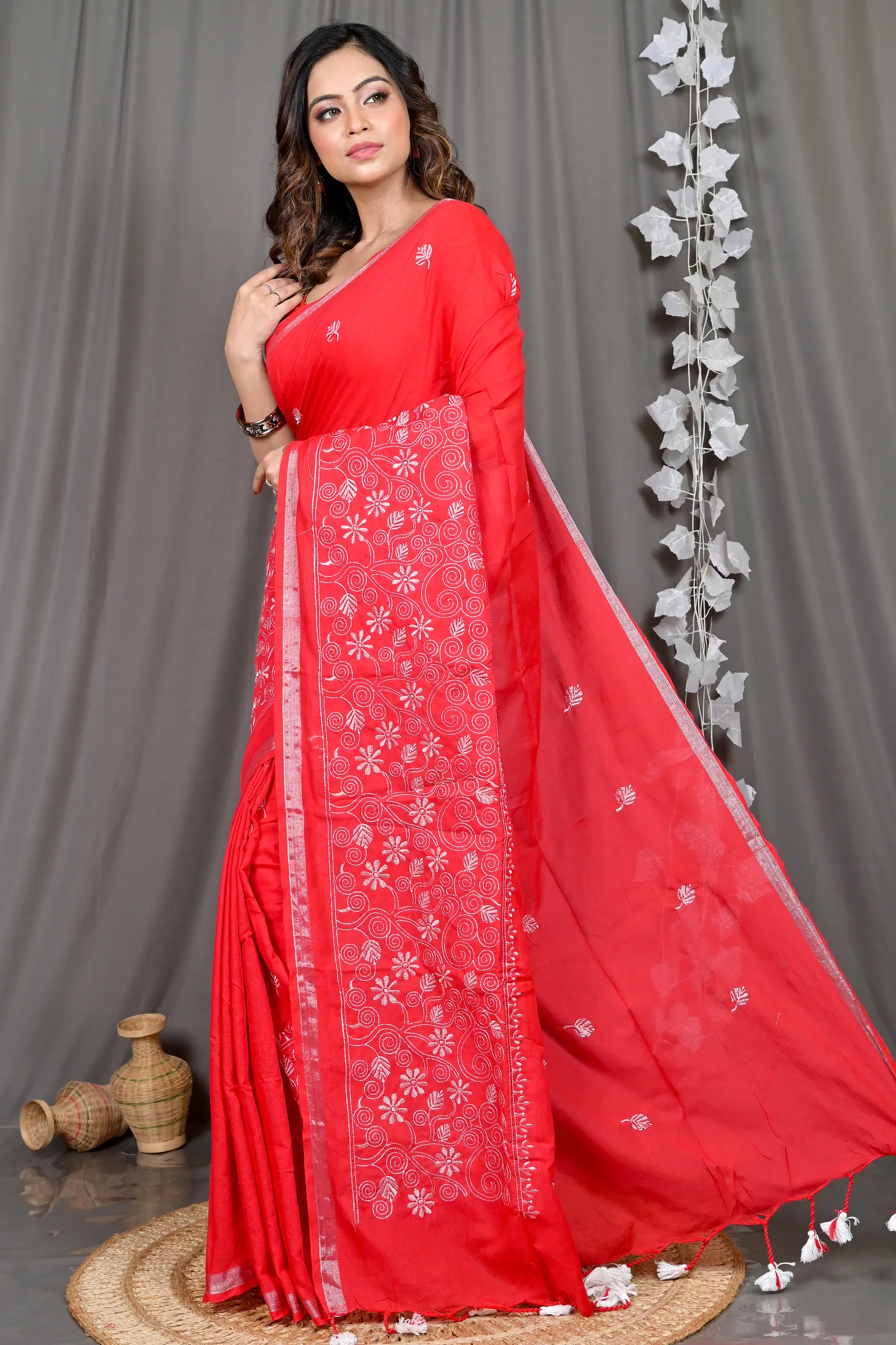 DipDiya Cotton Blended Red Paru Crafted by Artisans Handloom Sarees