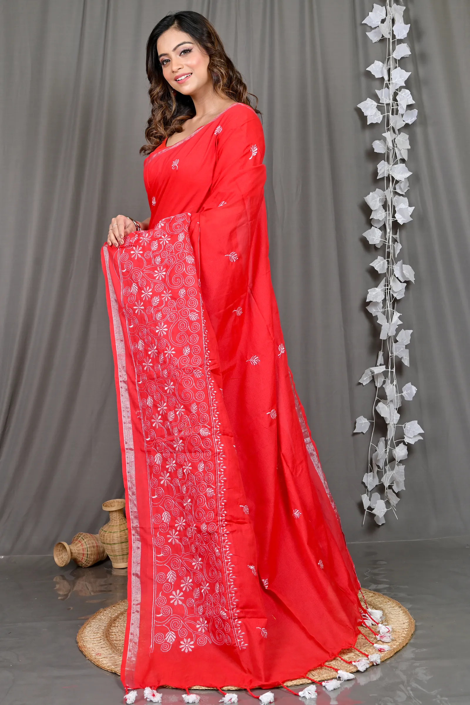 DipDiya Cotton Blended Red Paru Crafted by Artisans Handloom Sarees