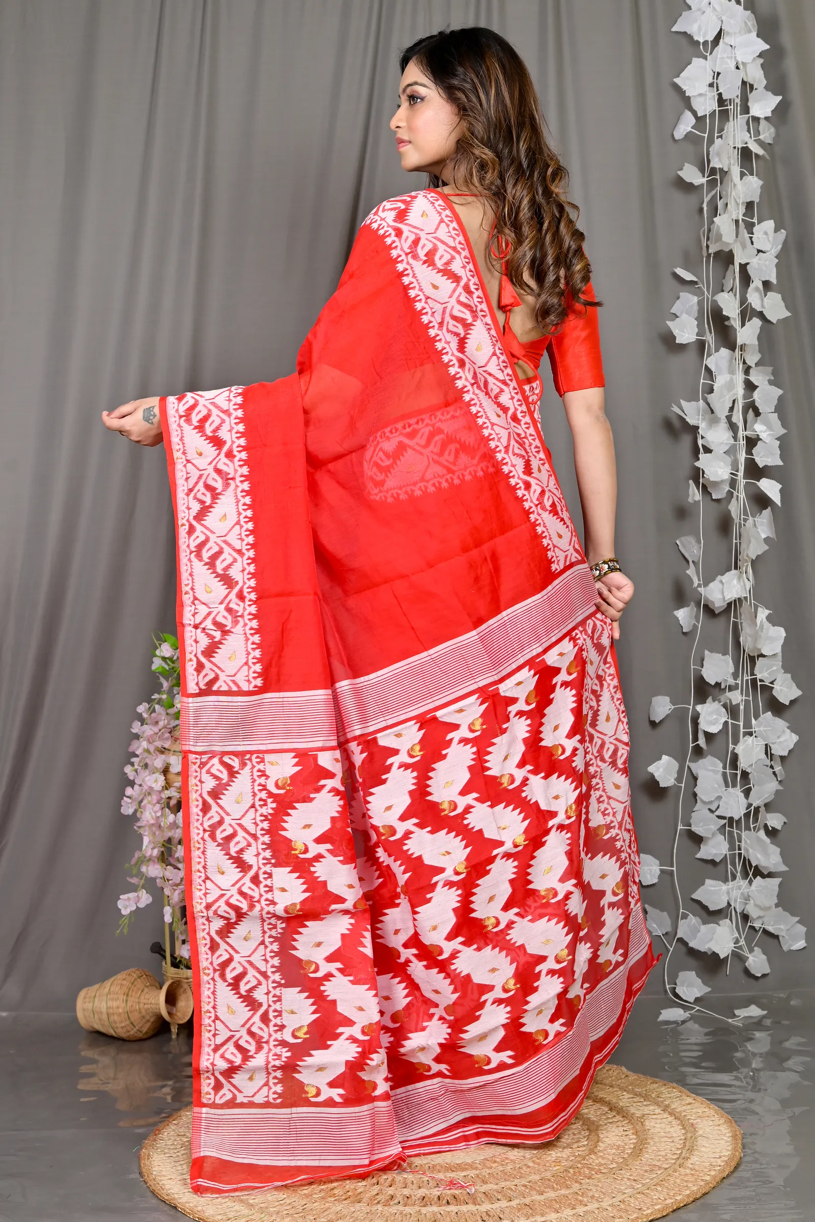 DipDiya Cotton Blended Red White Parv Heritage of Bengal Jamdani Sarees