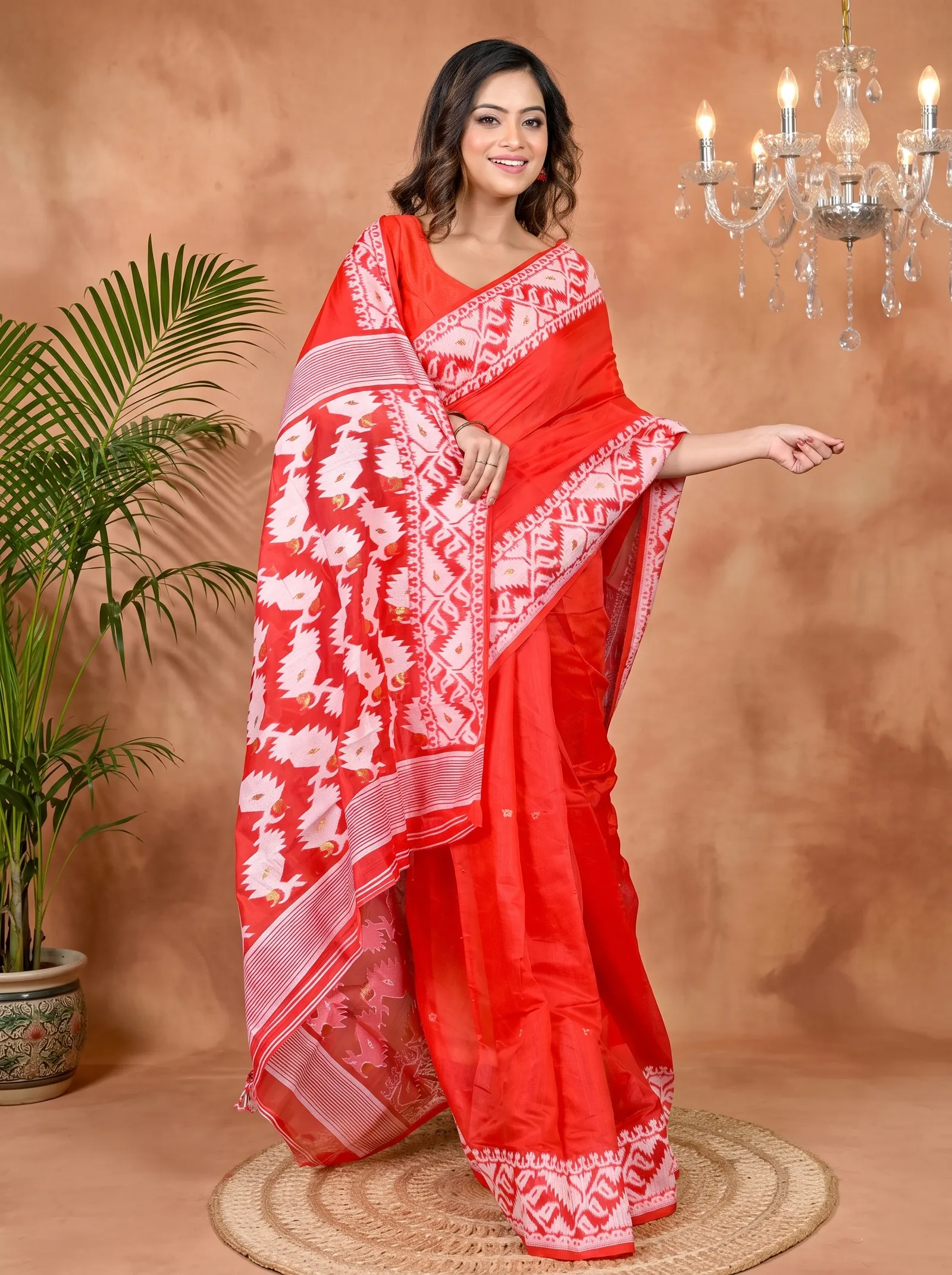 DipDiya Cotton Blended Red White Parv Heritage of Bengal Jamdani Sarees