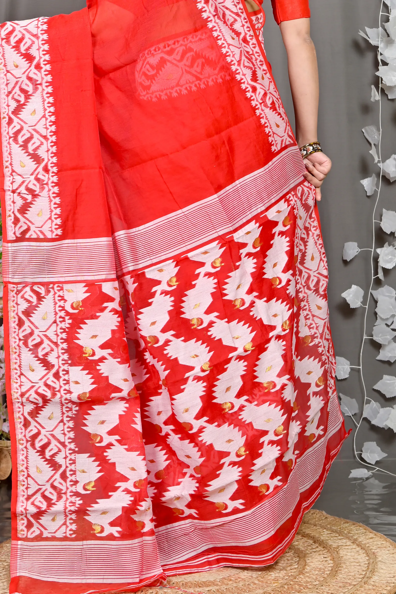 DipDiya Cotton Blended Red White Parv Heritage of Bengal Jamdani Sarees