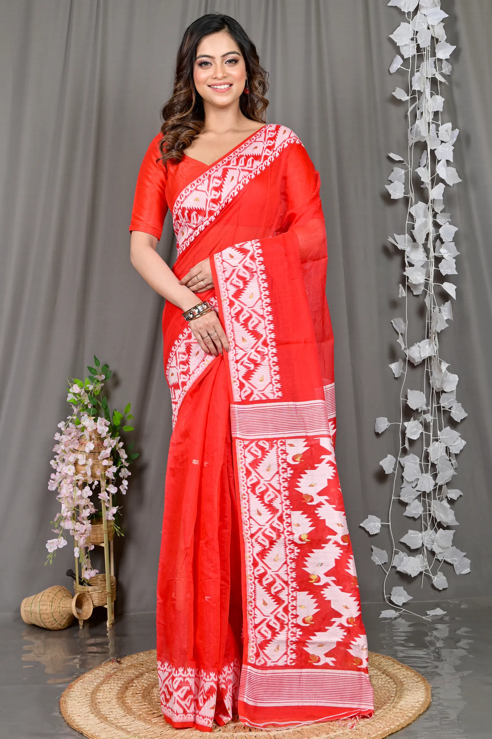 DipDiya Cotton Blended Red White Parv Heritage of Bengal Jamdani Sarees
