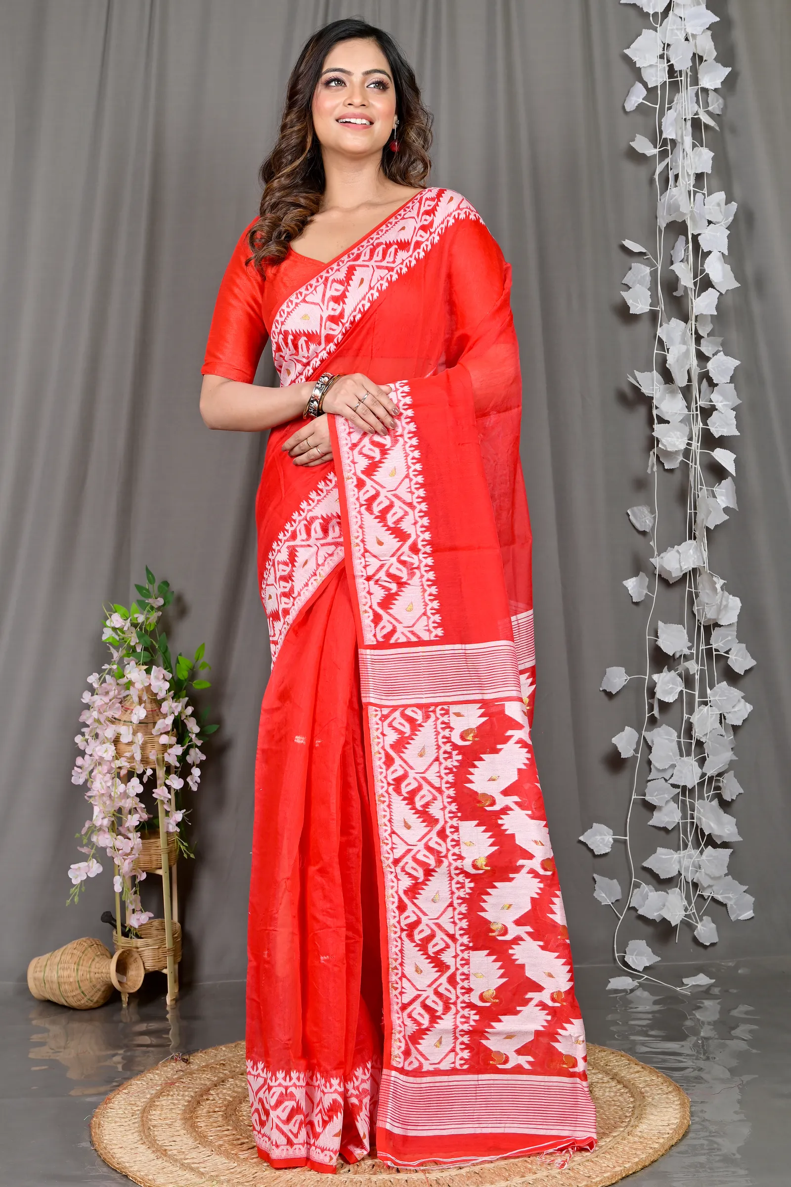 DipDiya Cotton Blended Red White Parv Heritage of Bengal Jamdani Sarees