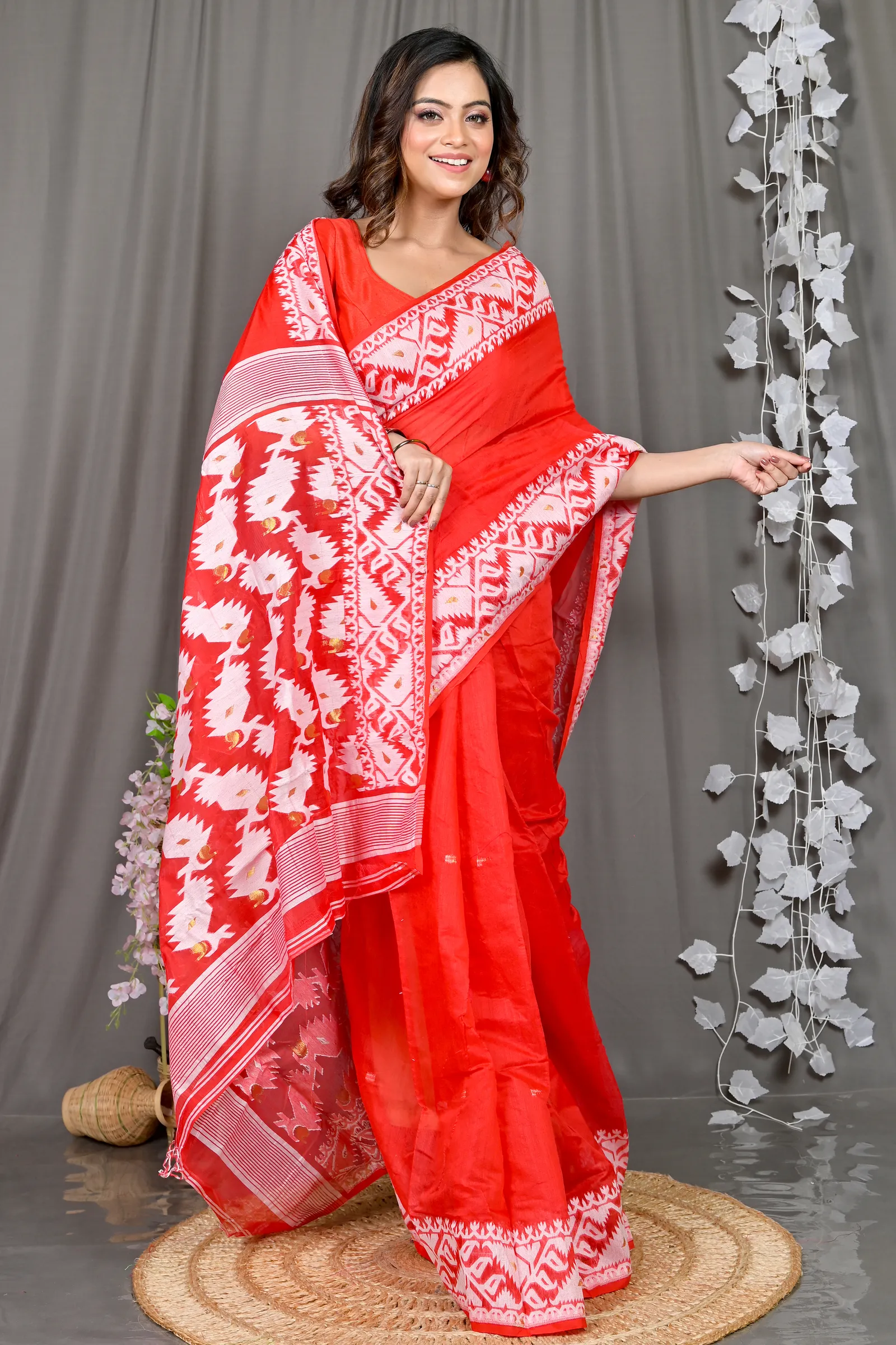 DipDiya Cotton Blended Red White Parv Heritage of Bengal Jamdani Sarees