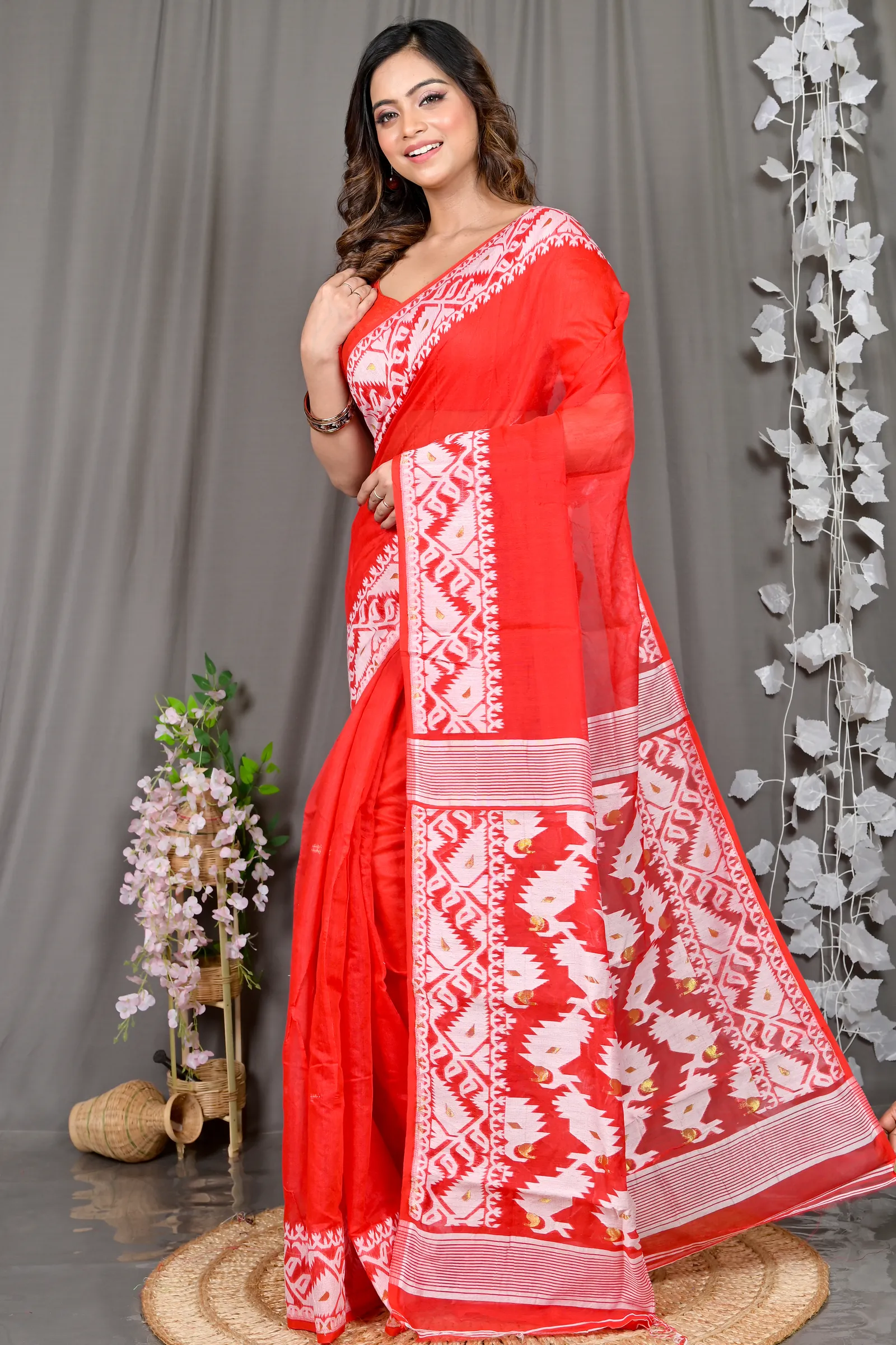 DipDiya Cotton Blended Red White Parv Heritage of Bengal Jamdani Sarees