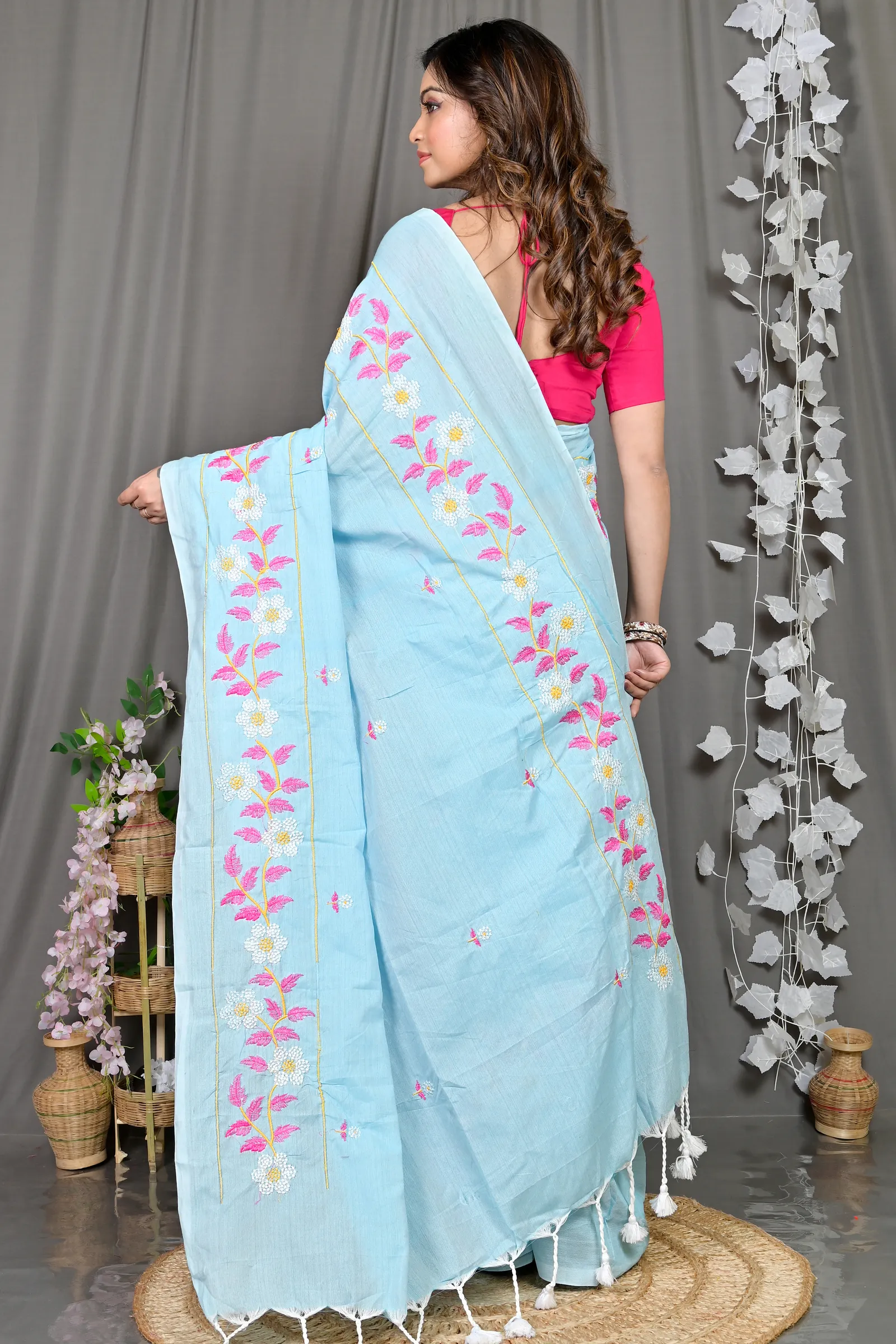DipDiya Cotton Blended Sky Blue Paraya Bengal’s Legacy Embroidery Handloom sarees