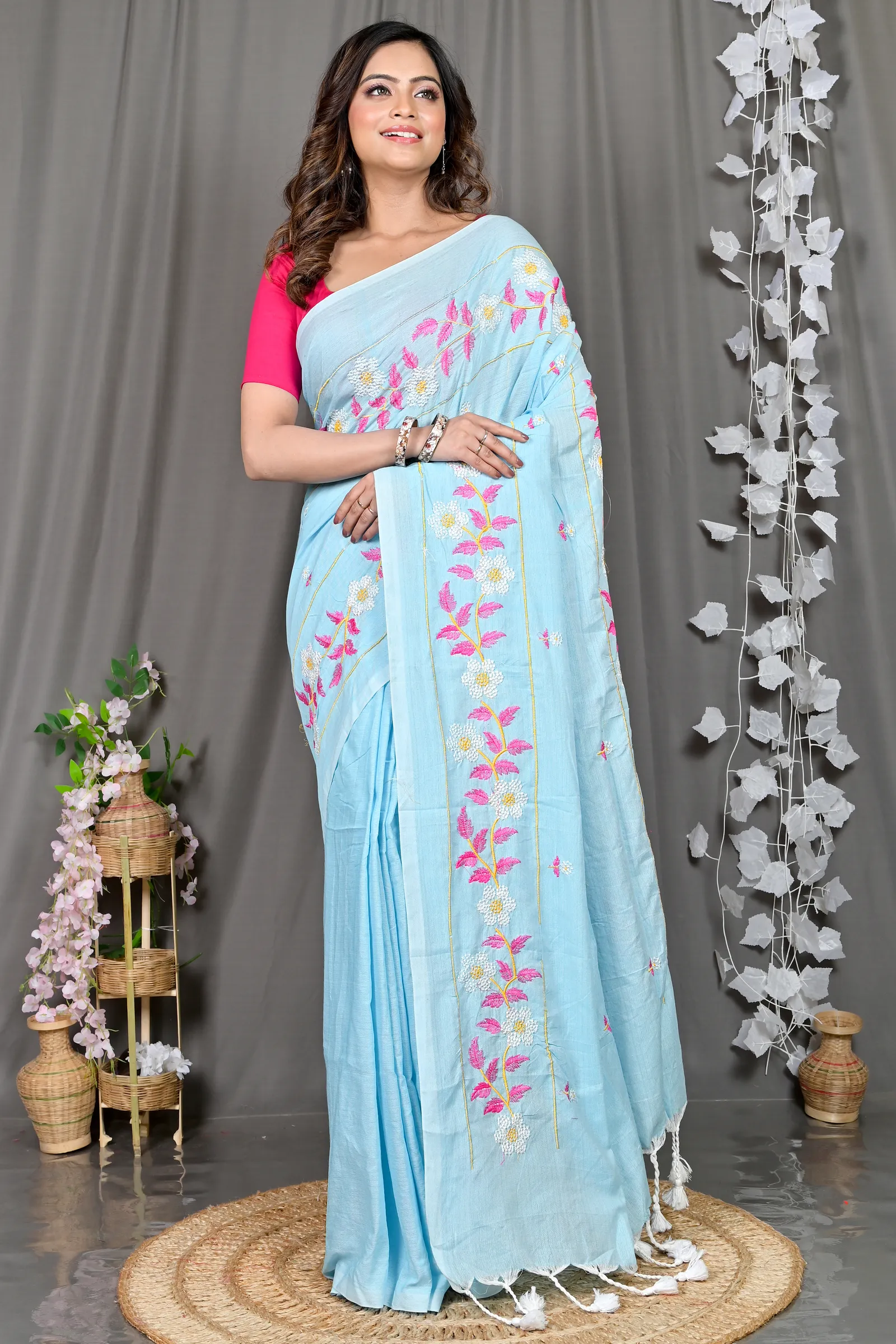 DipDiya Cotton Blended Sky Blue Paraya Bengal’s Legacy Embroidery Handloom sarees