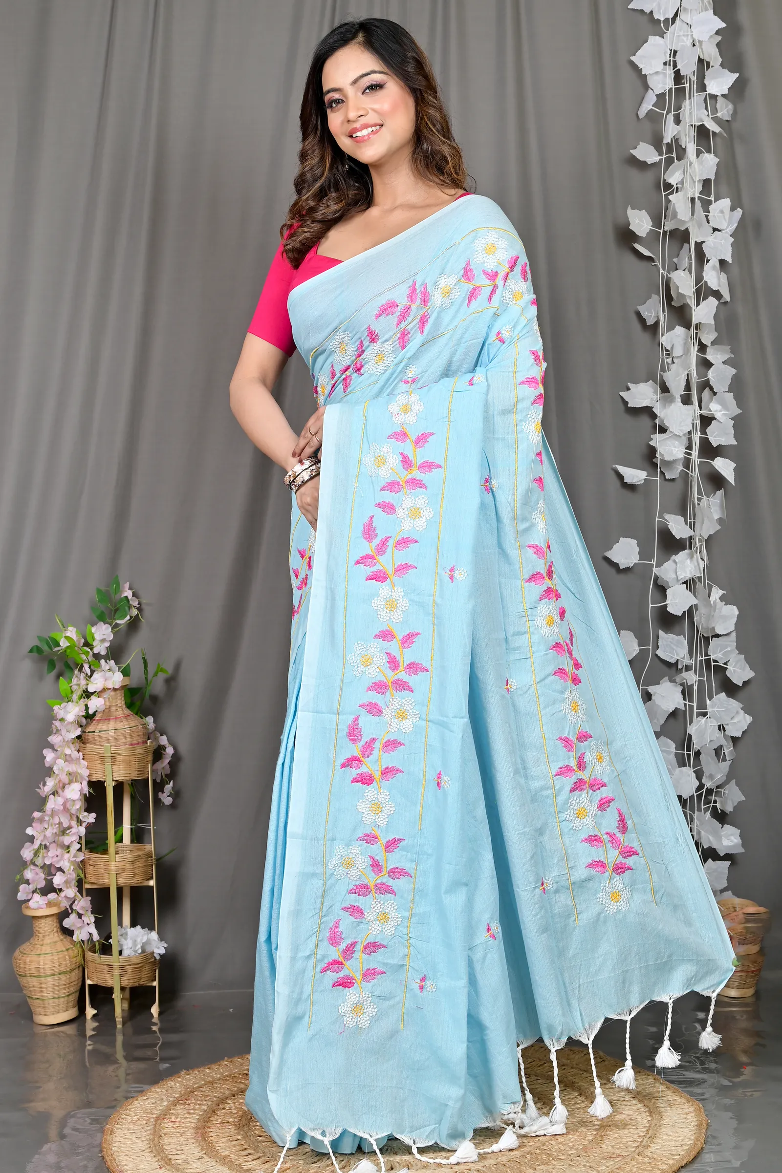 DipDiya Cotton Blended Sky Blue Paraya Bengal’s Legacy Embroidery Handloom sarees