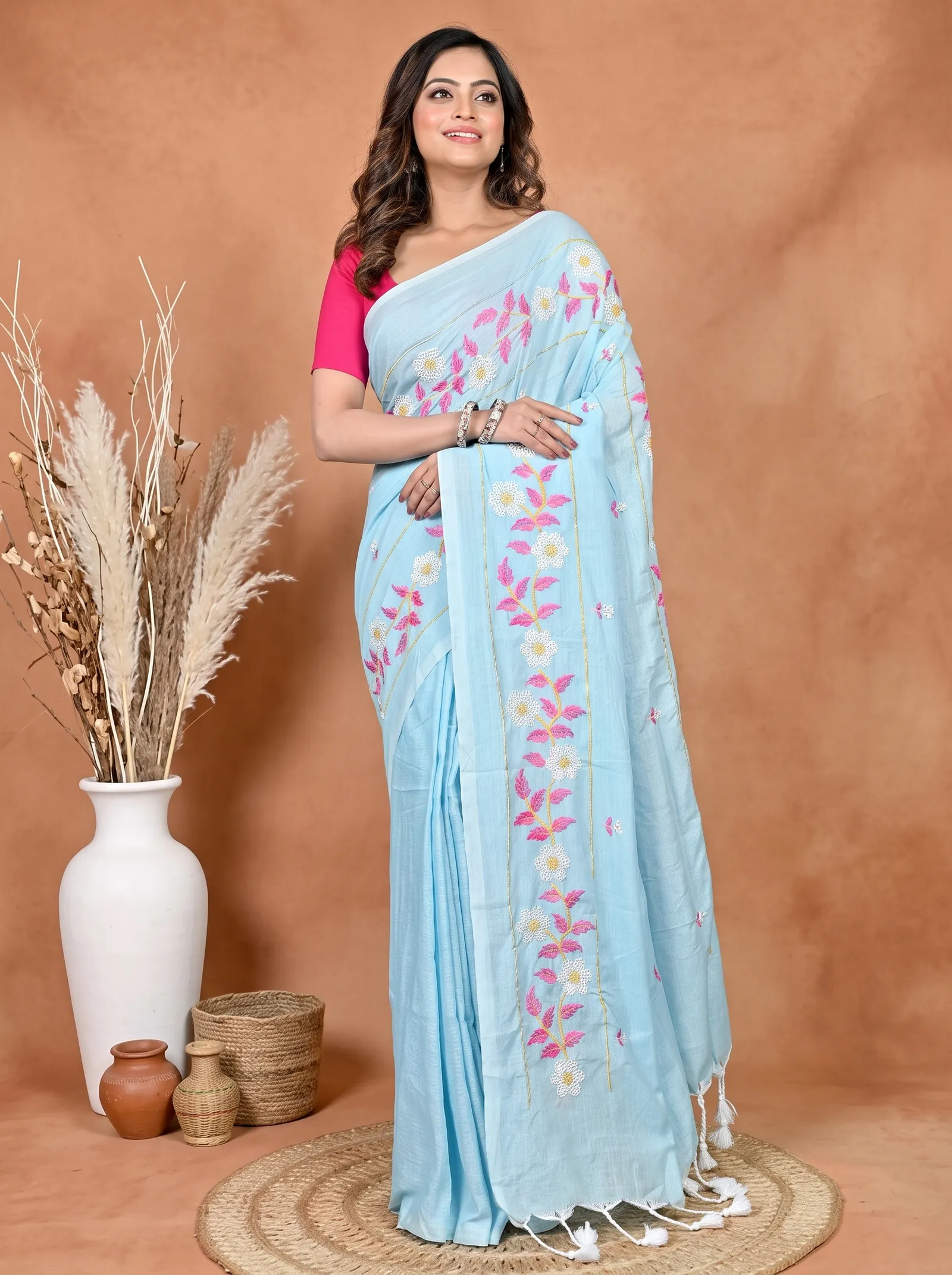 DipDiya Cotton Blended Sky Blue Paraya Bengal’s Legacy Embroidery Handloom sarees