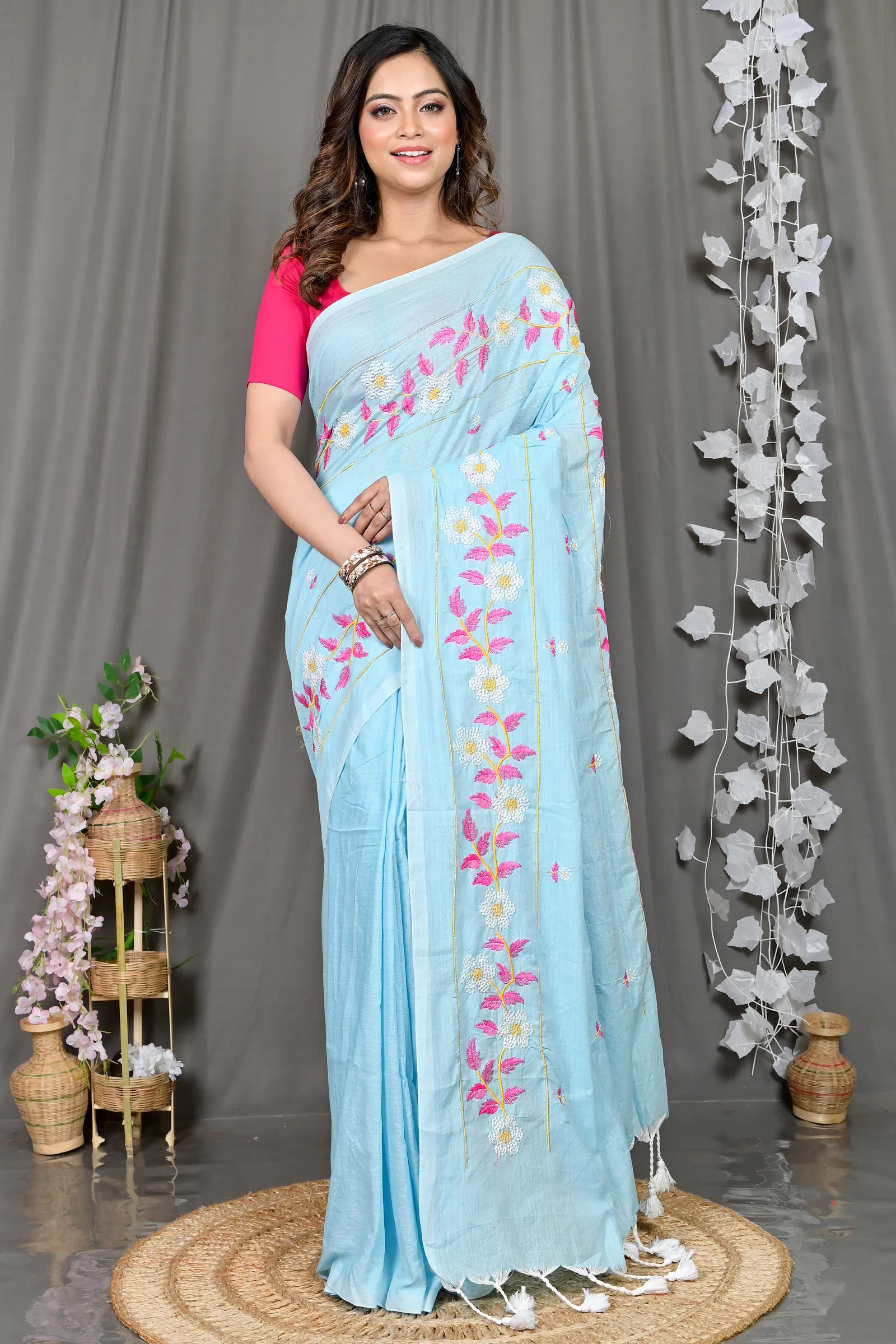 DipDiya Cotton Blended Sky Blue Paraya Bengal’s Legacy Embroidery Handloom sarees