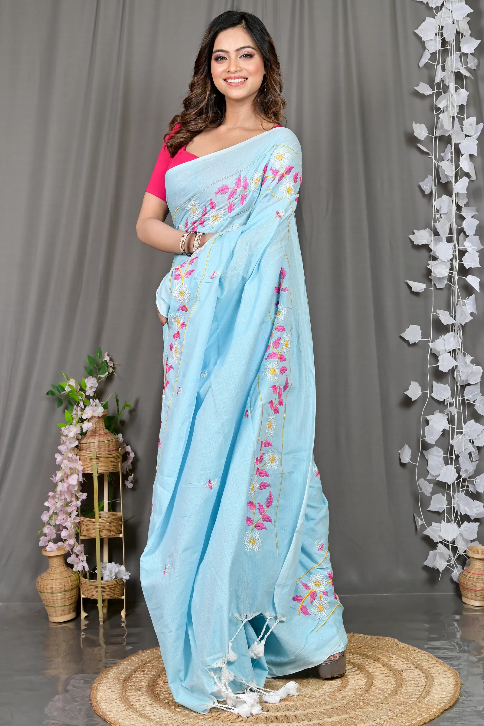 DipDiya Cotton Blended Sky Blue Paraya Bengal’s Legacy Embroidery Handloom sarees