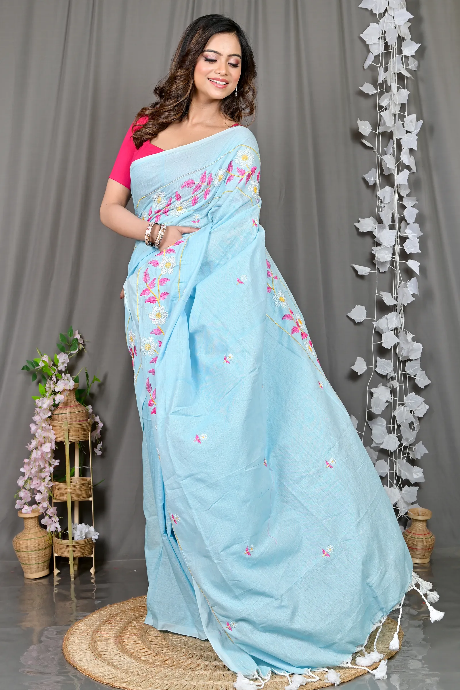 DipDiya Cotton Blended Sky Blue Paraya Bengal’s Legacy Embroidery Handloom sarees
