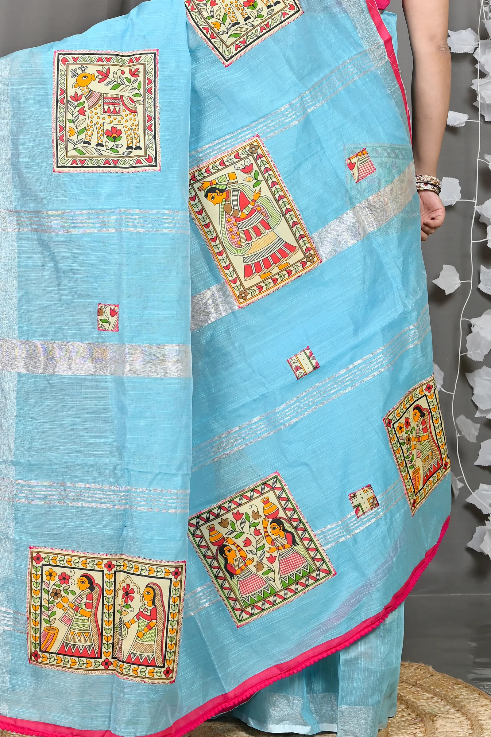 DipDiya Cotton Blended Sky Blue Parija Regal Bengali Applique Sarees
