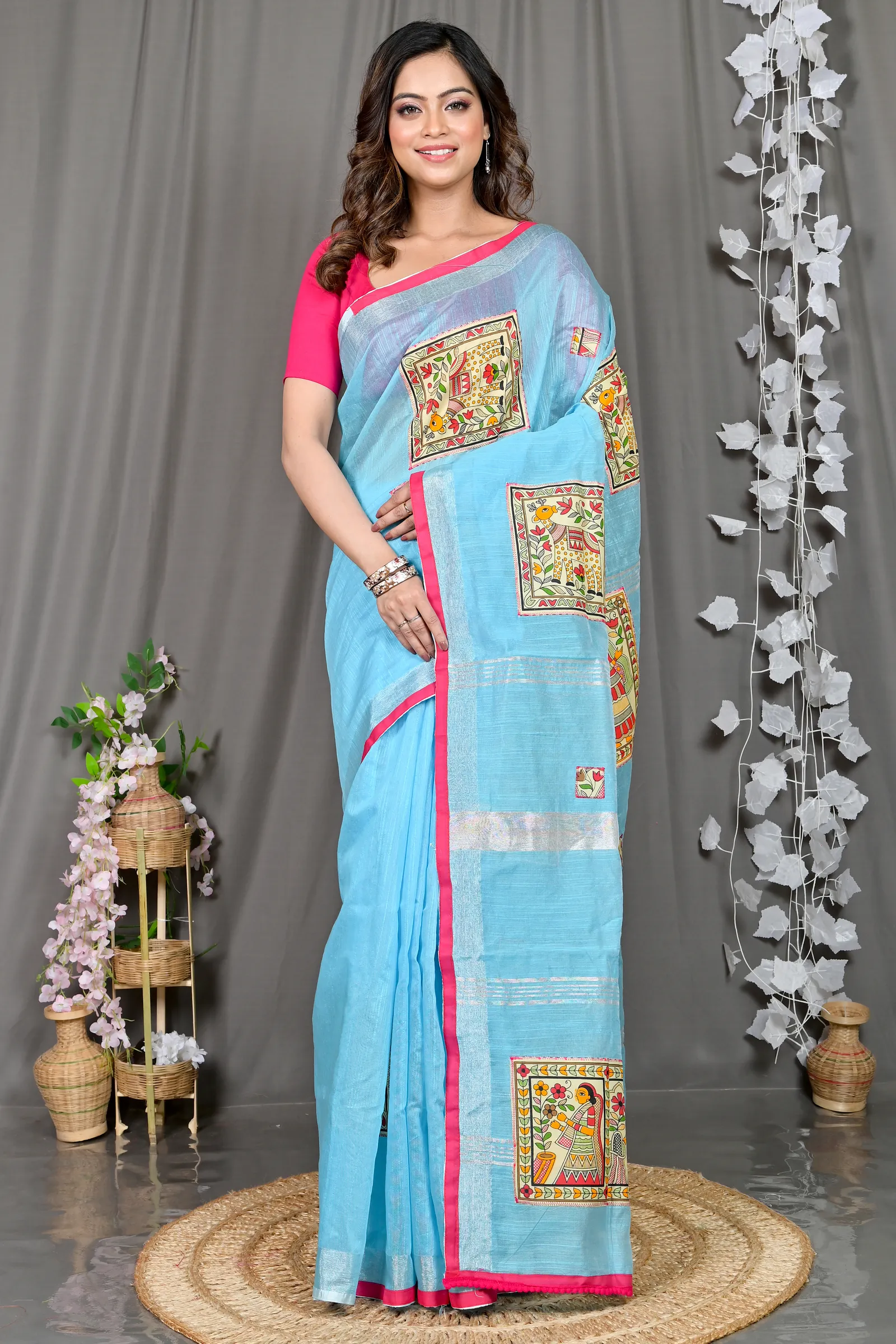 DipDiya Cotton Blended Sky Blue Parija Regal Bengali Applique Sarees