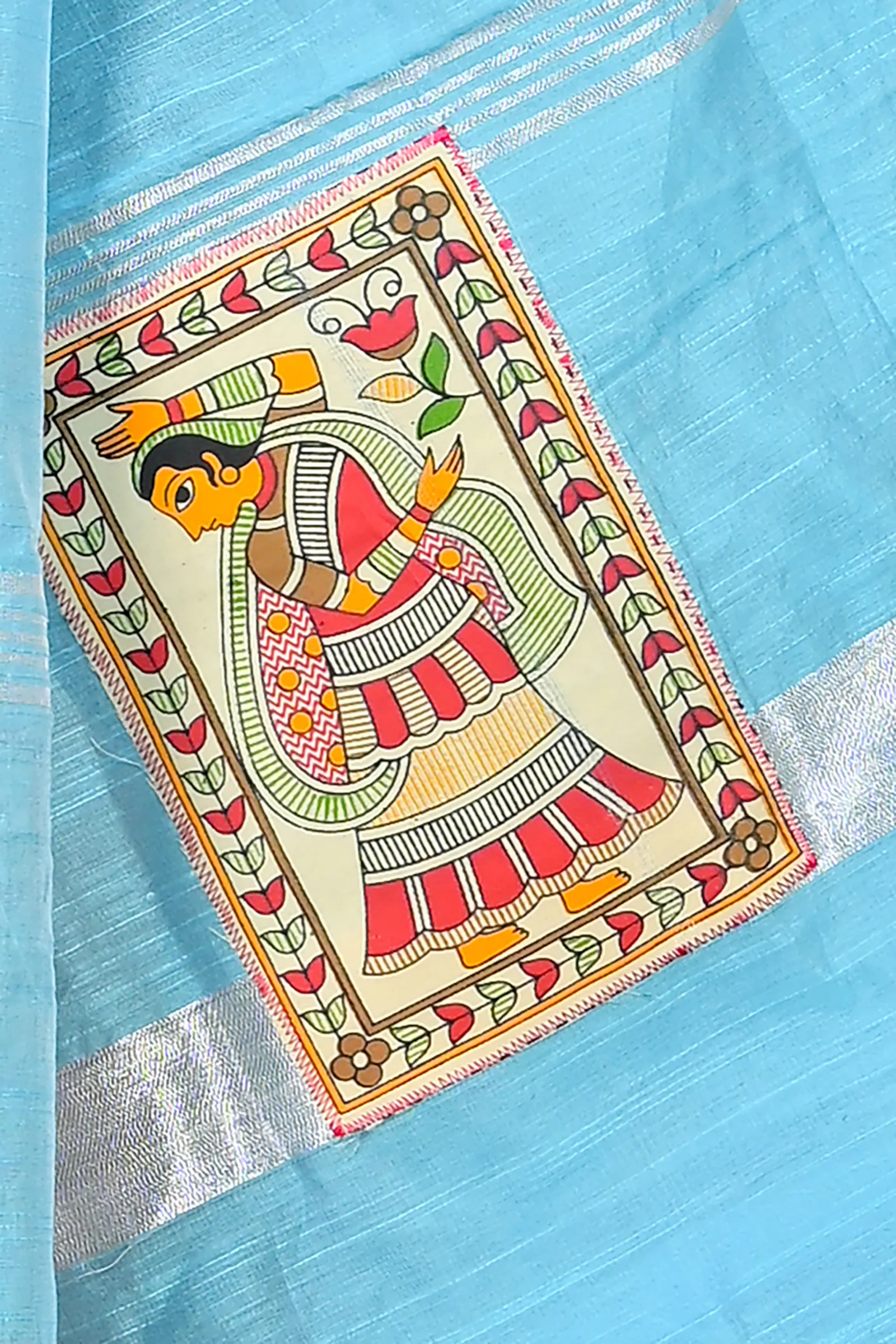 DipDiya Cotton Blended Sky Blue Parija Regal Bengali Applique Sarees