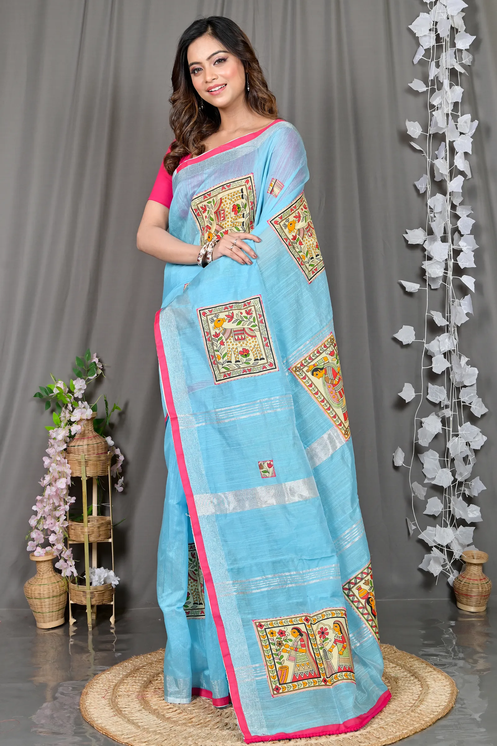 DipDiya Cotton Blended Sky Blue Parija Regal Bengali Applique Sarees