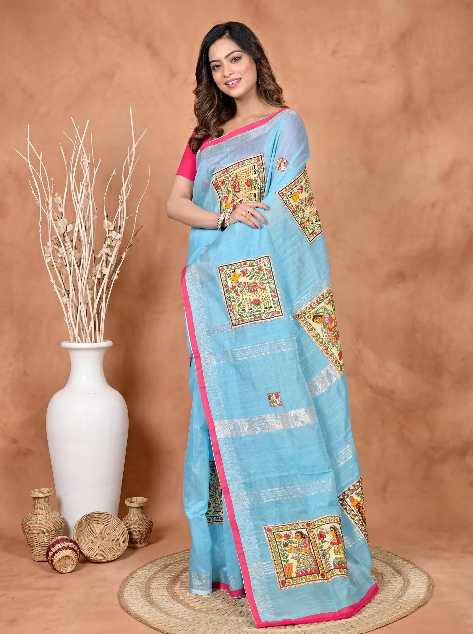 DipDiya Cotton Blended Sky Blue Parija Regal Bengali Applique Sarees