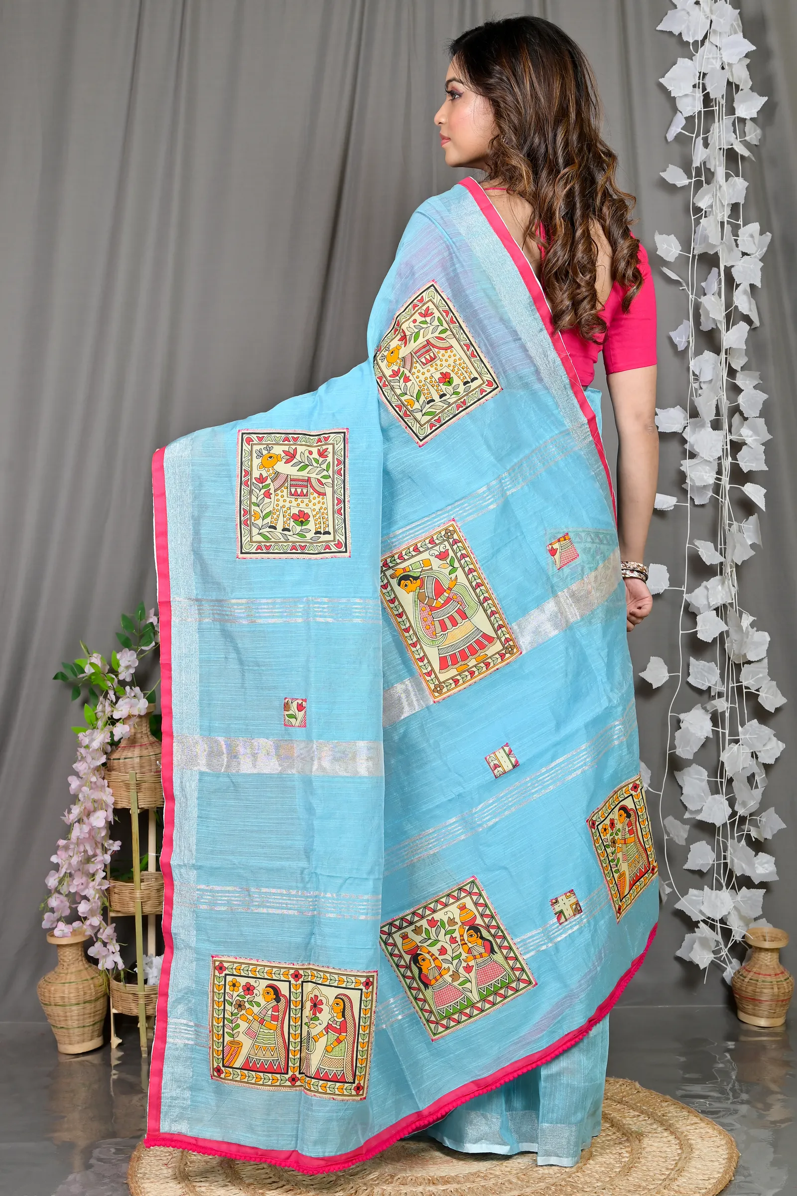 DipDiya Cotton Blended Sky Blue Parija Regal Bengali Applique Sarees