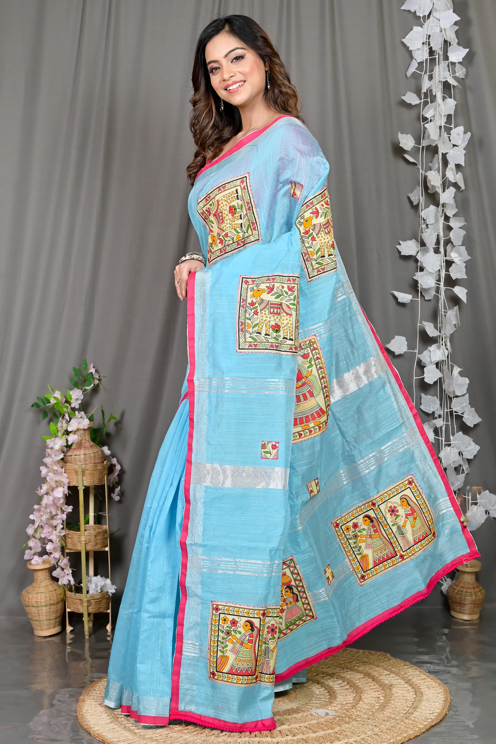 DipDiya Cotton Blended Sky Blue Parija Regal Bengali Applique Sarees